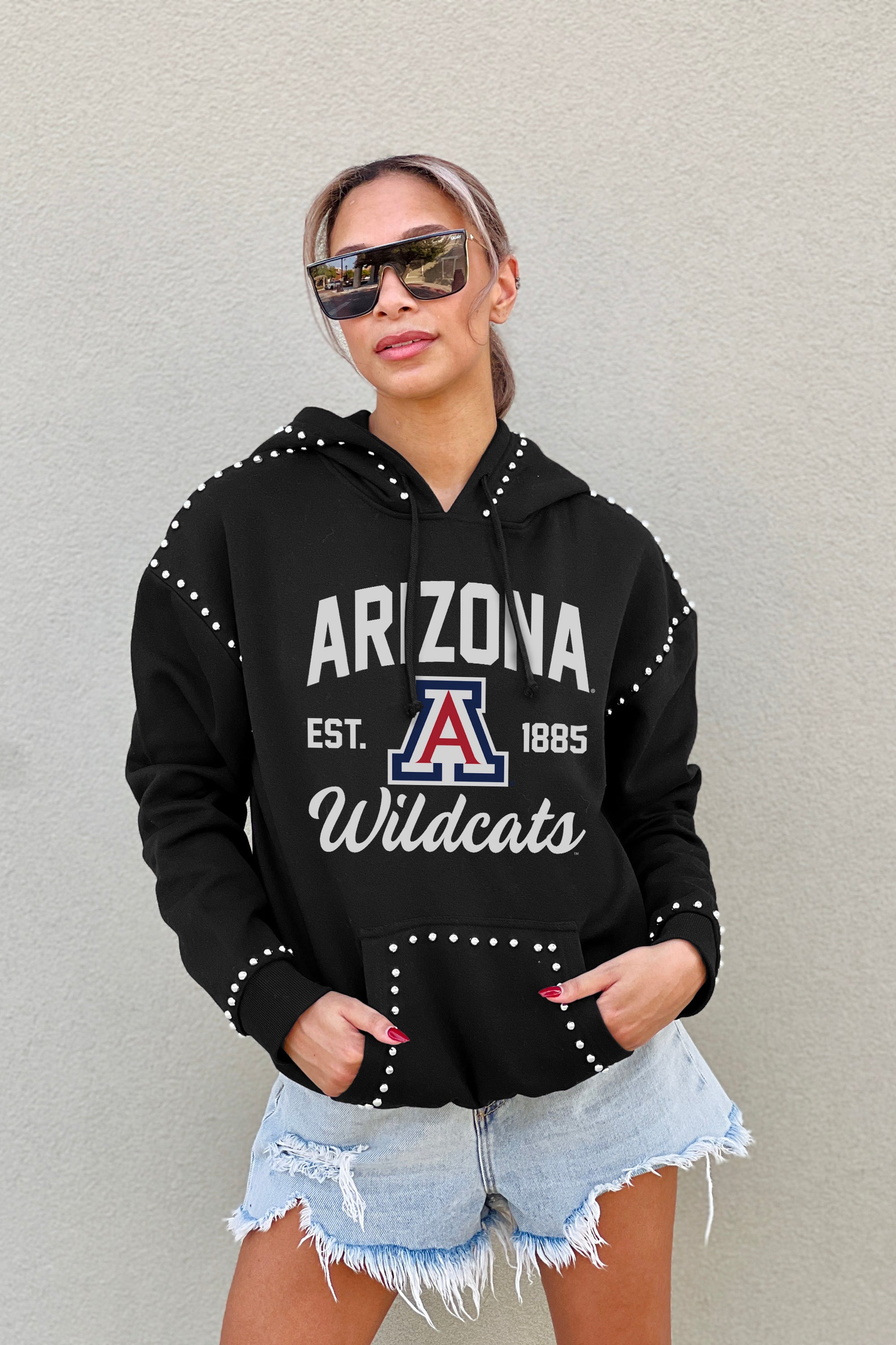 ARIZONA WILDCATS HERE FOR IT STUDDED DETAIL FLEECE FRONT POCKET HOODIE