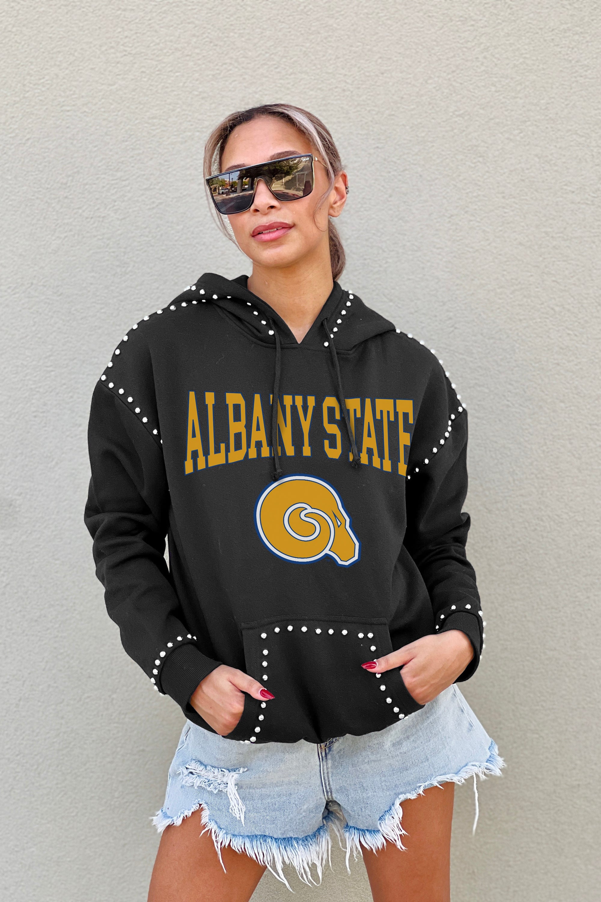 ALBANY STATE GOLDEN RAMS BELLE OF THE BALL STUDDED DETAIL FLEECE FRONT POCKET HOODIE