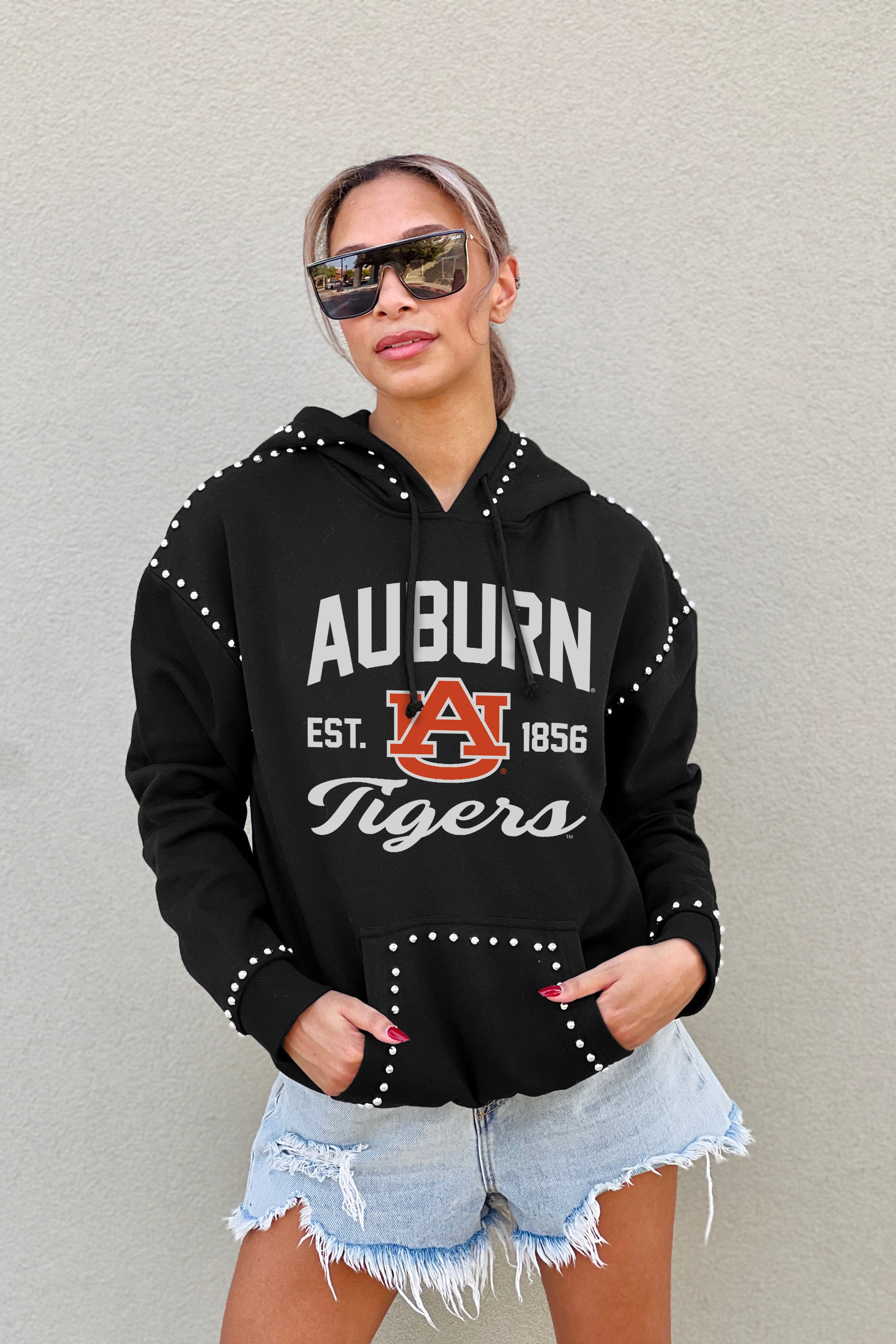 AUBURN TIGERS HERE FOR IT STUDDED DETAIL FLEECE FRONT POCKET HOODIE