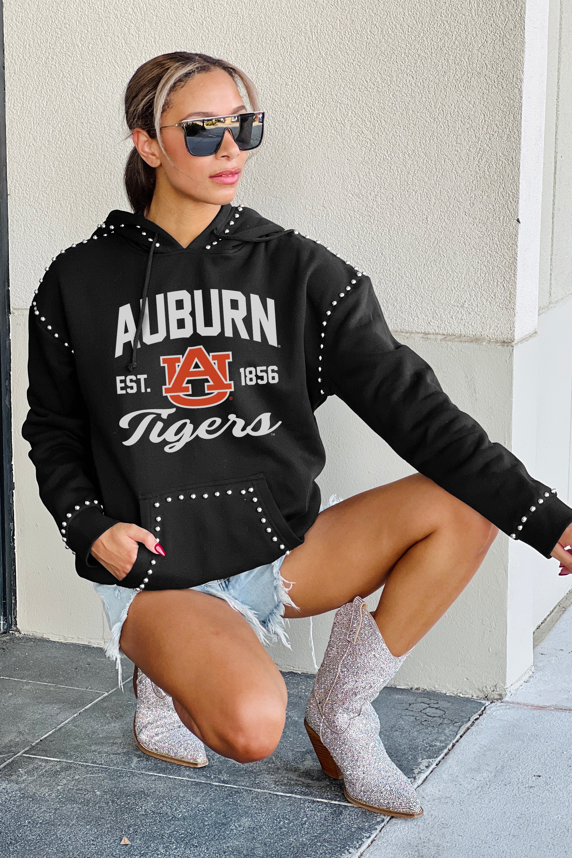 AUBURN TIGERS HERE FOR IT STUDDED DETAIL FLEECE FRONT POCKET HOODIE