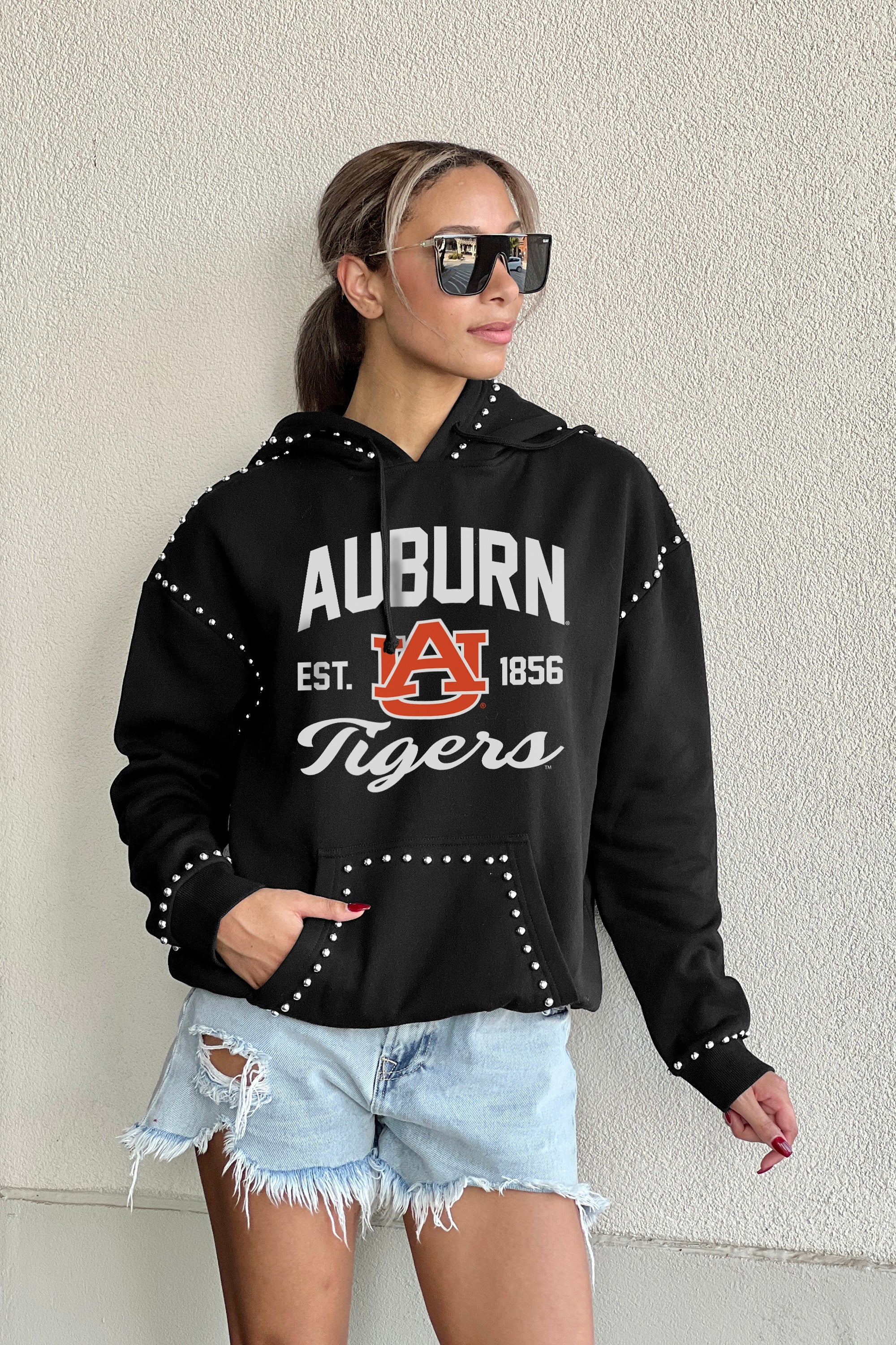 AUBURN TIGERS HERE FOR IT STUDDED DETAIL FLEECE FRONT POCKET HOODIE