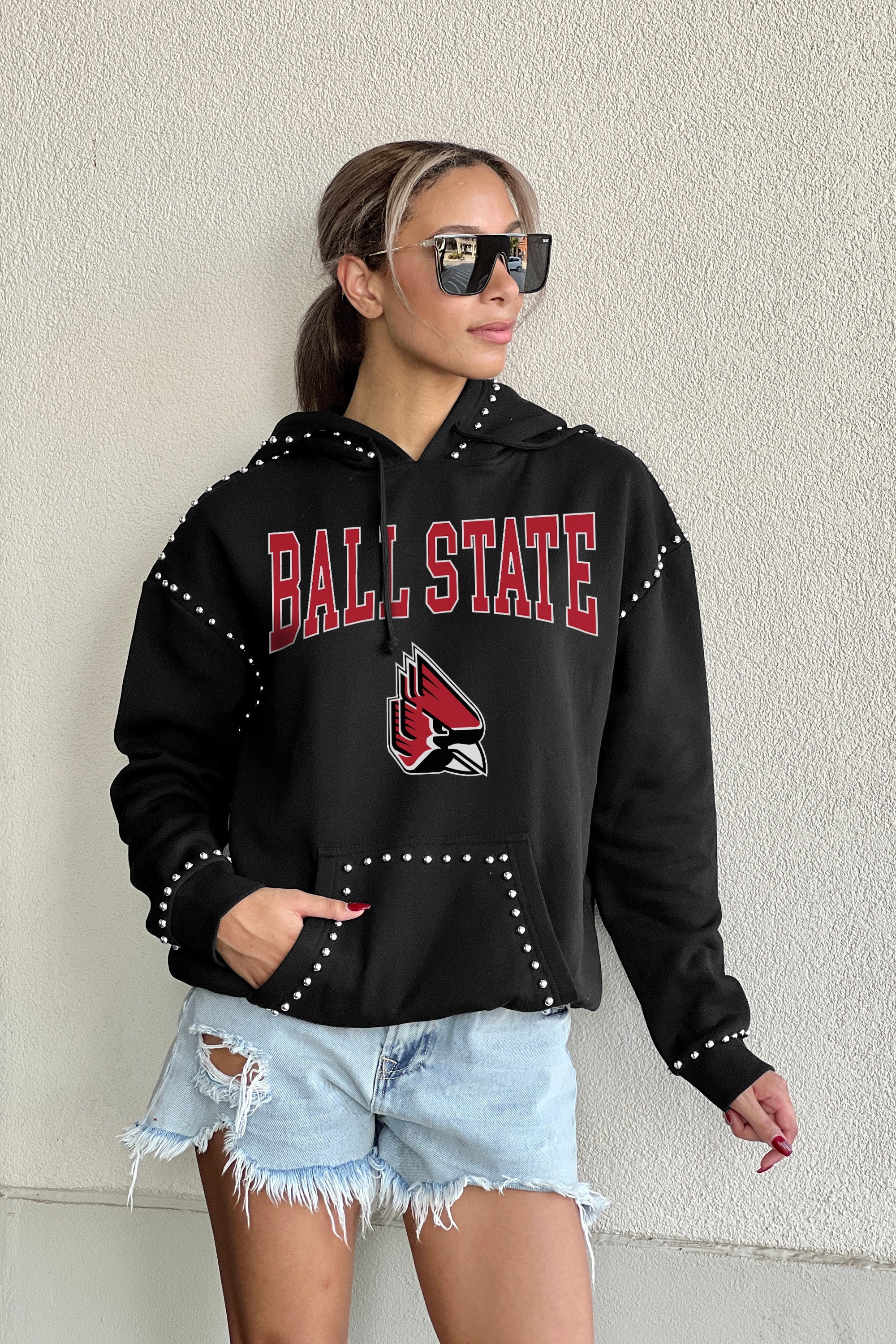 BALL STATE CARDINALS BELLE OF THE BALL STUDDED DETAIL FLEECE FRONT POCKET HOODIE