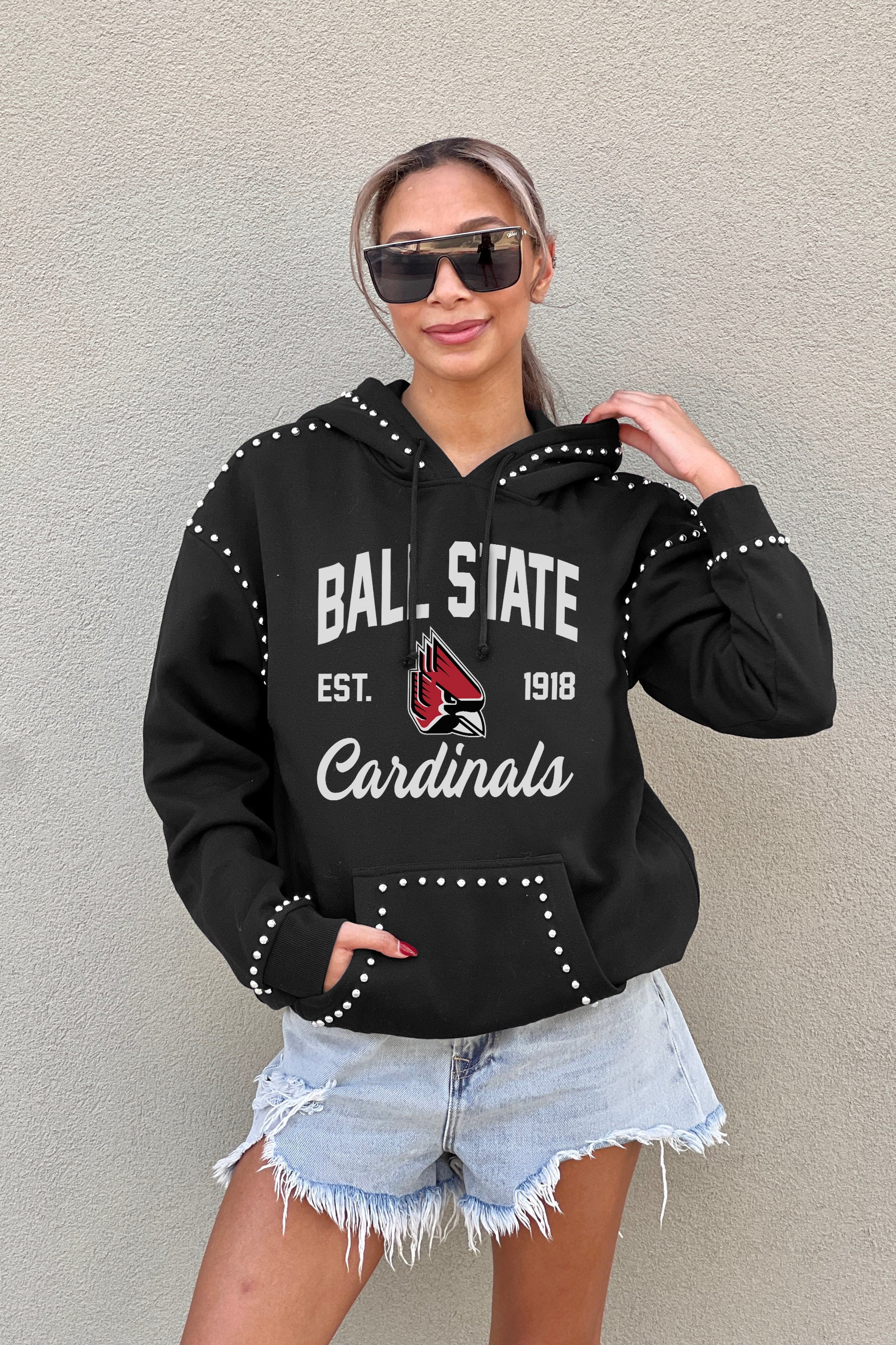 BALL STATE CARDINALS HERE FOR IT STUDDED DETAIL FLEECE FRONT POCKET HOODIE