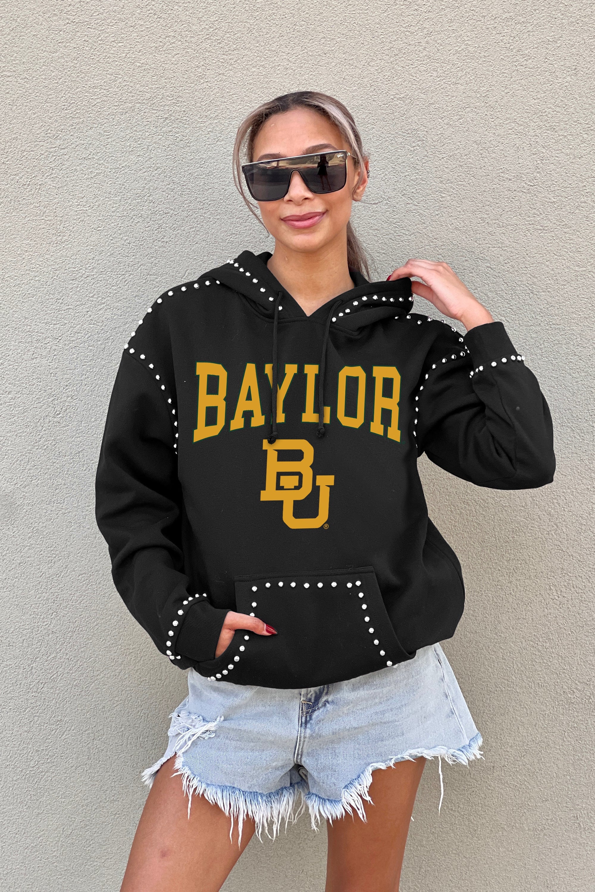 BAYLOR BEARS BELLE OF THE BALL STUDDED DETAIL FLEECE FRONT POCKET HOODIE