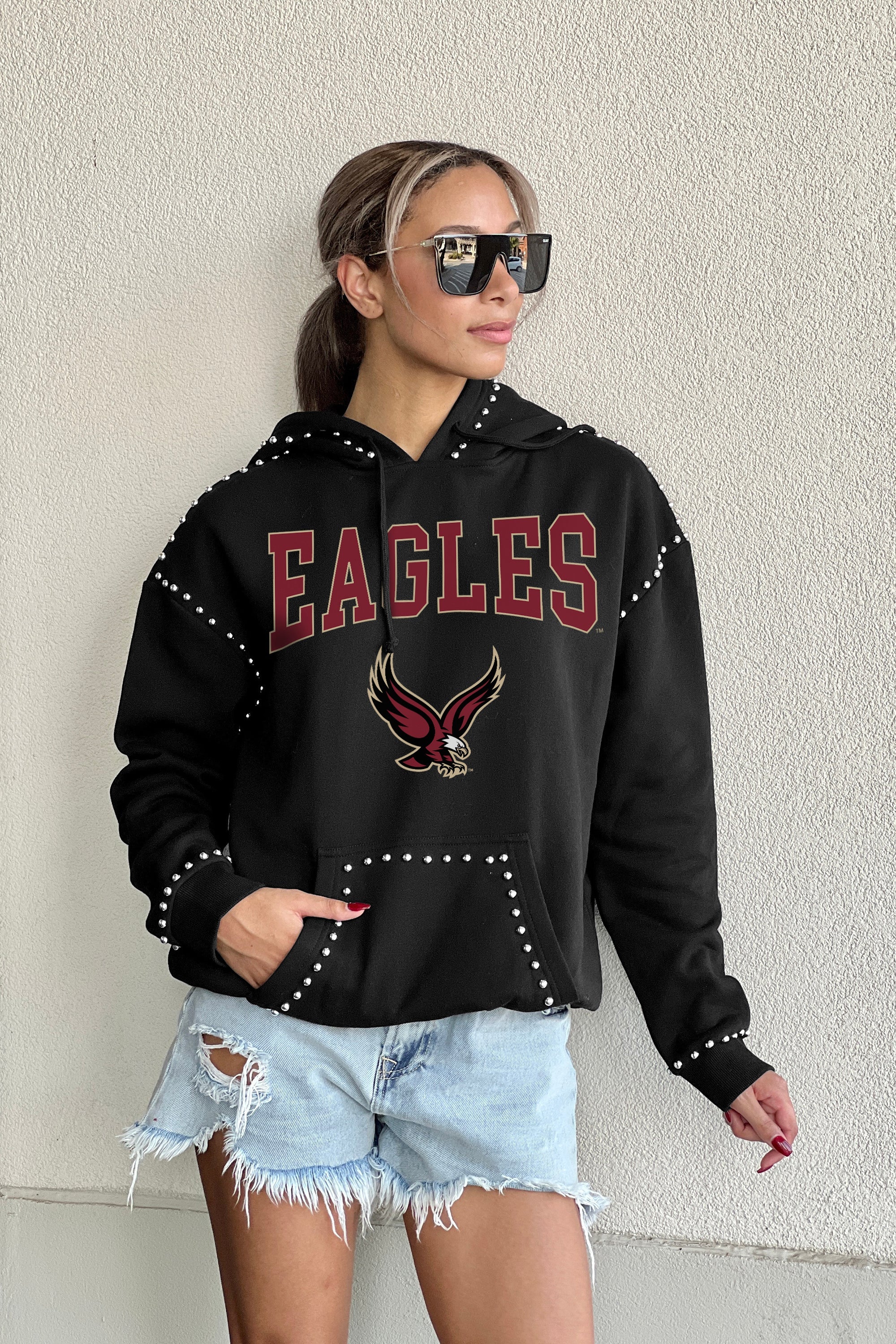 BOSTON COLLEGE EAGLES BELLE OF THE BALL STUDDED DETAIL FLEECE FRONT POCKET HOODIE