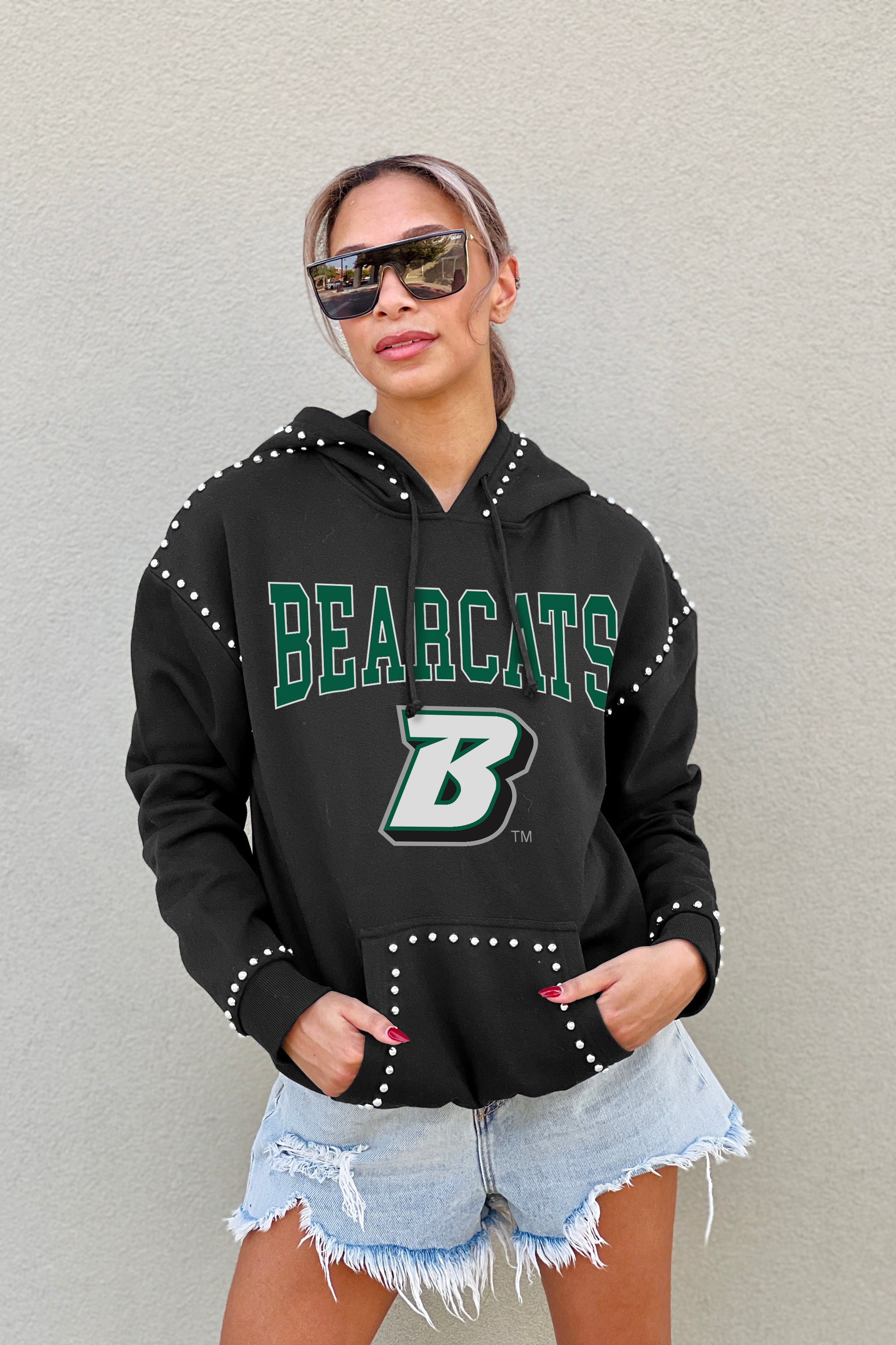 BINGHAMTON BEARCATS BELLE OF THE BALL STUDDED DETAIL FLEECE FRONT POCKET HOODIE