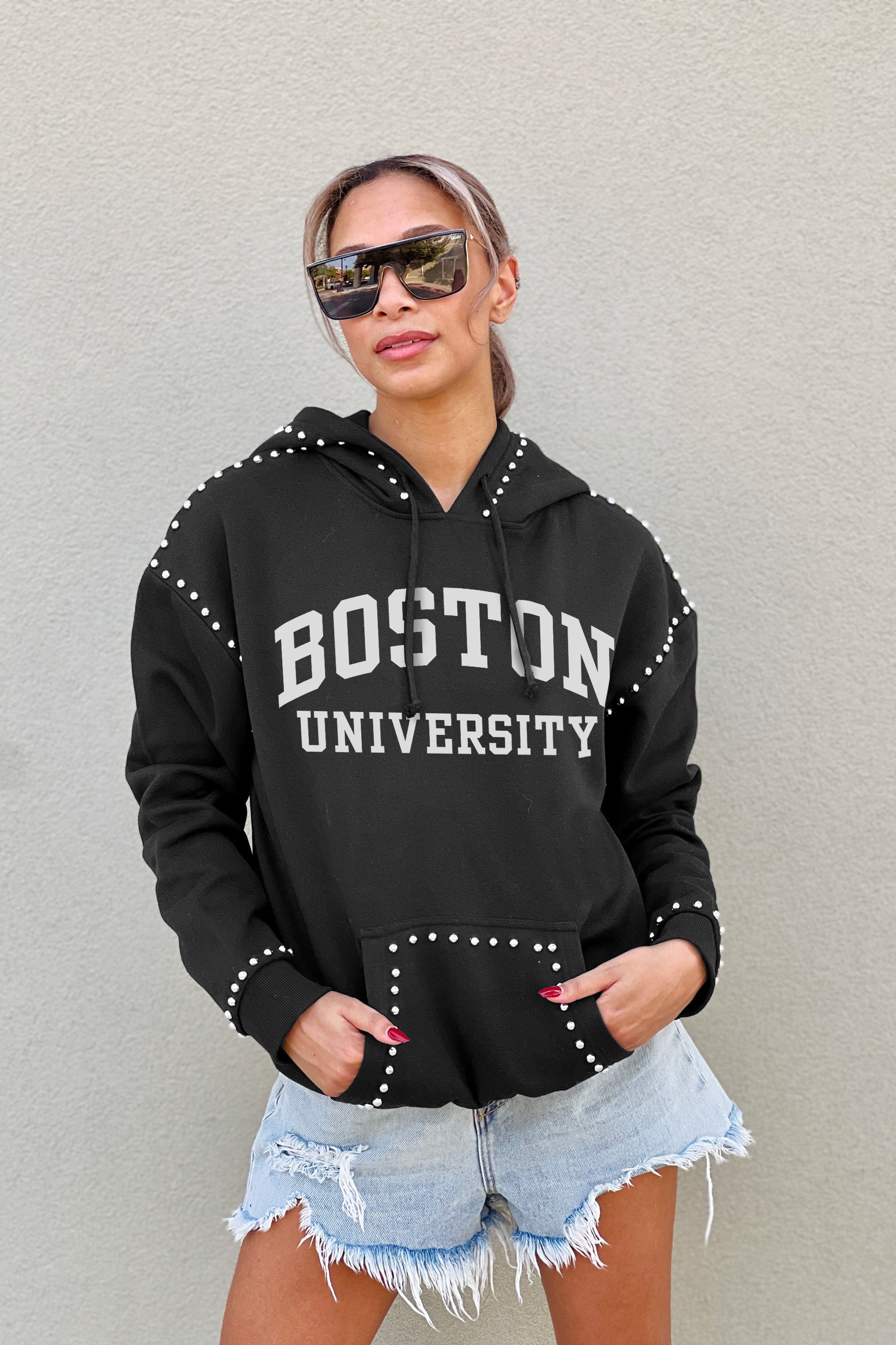 BOSTON UNIVERSITY TERRIERS BELLE OF THE BALL STUDDED DETAIL FLEECE FRONT POCKET HOODIE