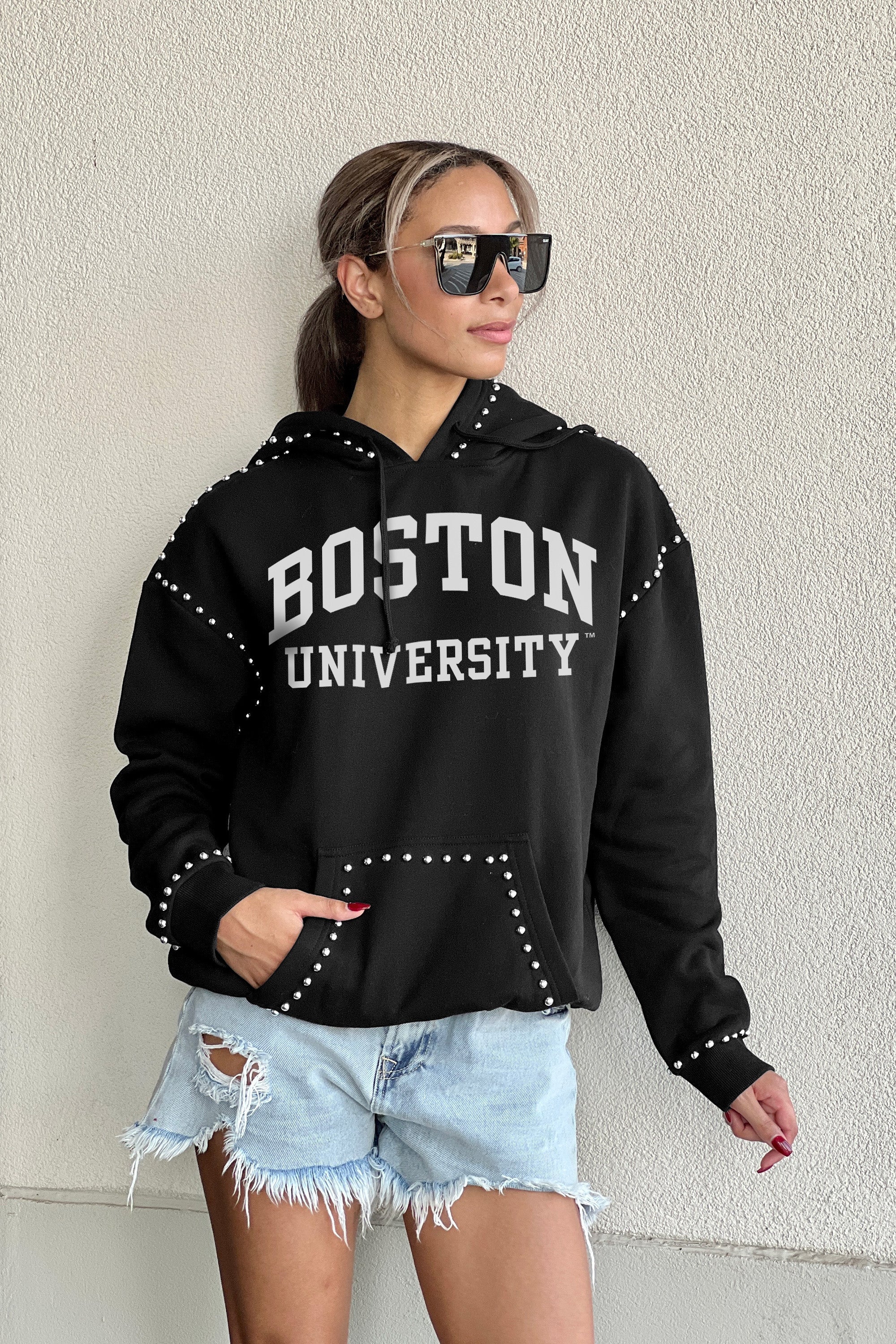 BOSTON UNIVERSITY TERRIERS BELLE OF THE BALL STUDDED DETAIL FLEECE FRONT POCKET HOODIE