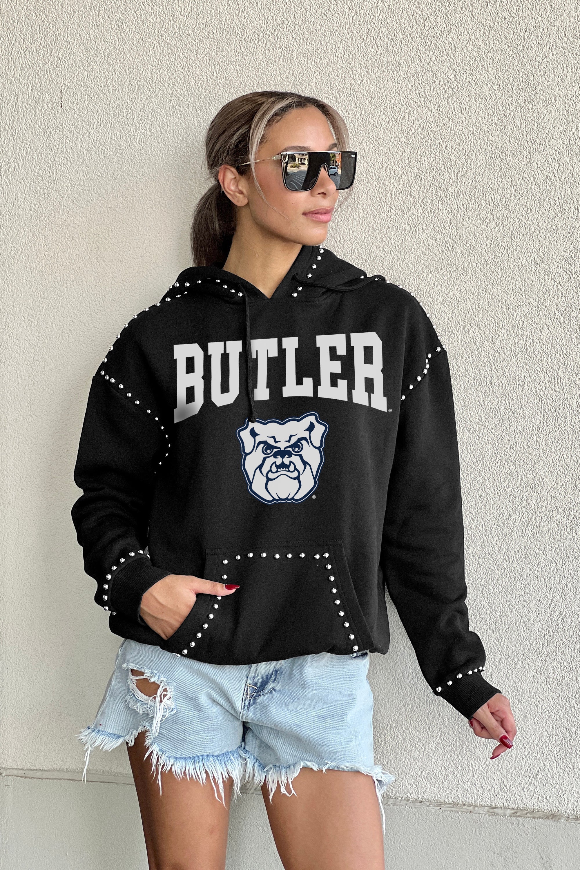 BUTLER BULLDOGS BELLE OF THE BALL STUDDED DETAIL FLEECE FRONT POCKET HOODIE