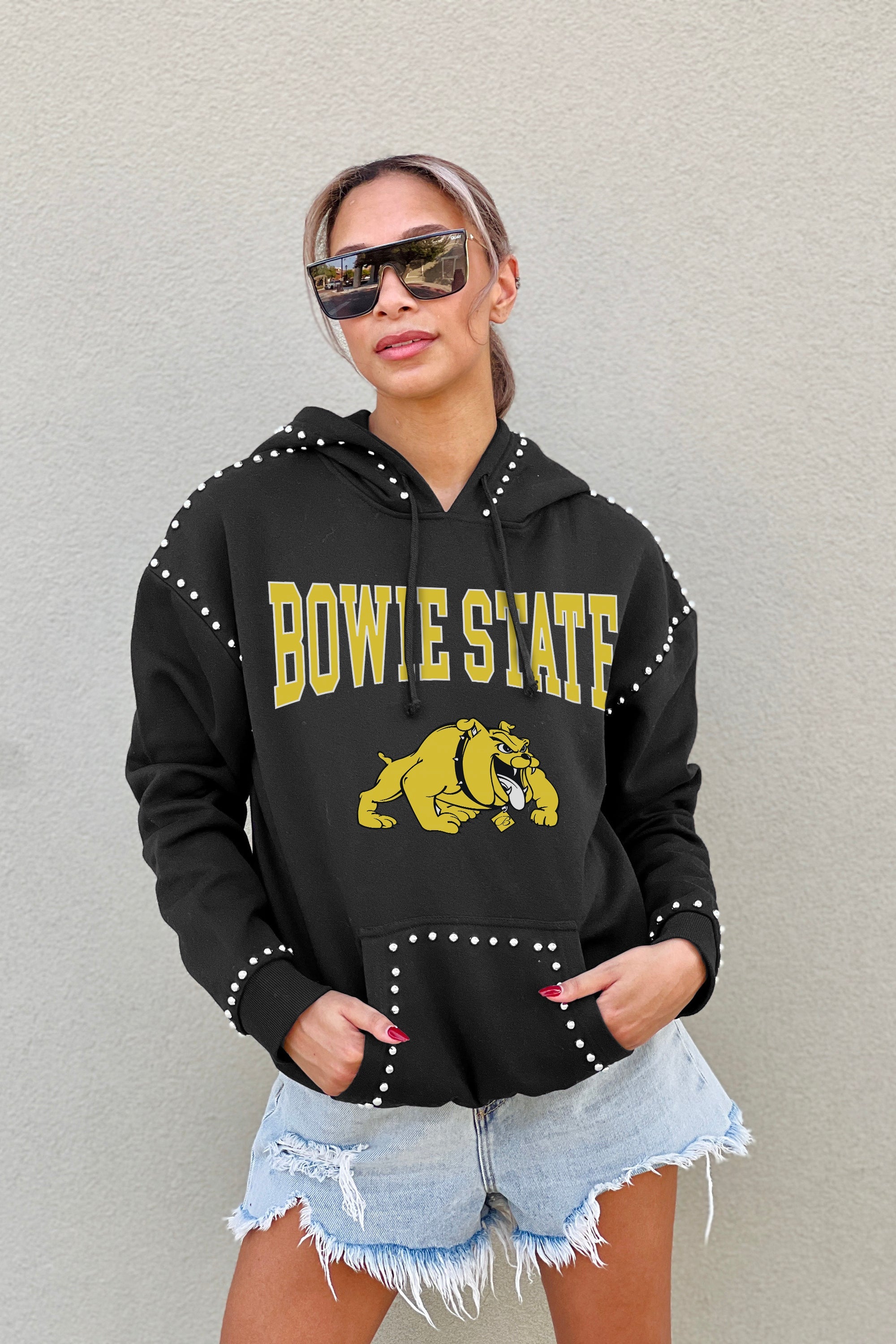 BOWIE STATE BULLDOGS BELLE OF THE BALL STUDDED DETAIL FLEECE FRONT POCKET HOODIE