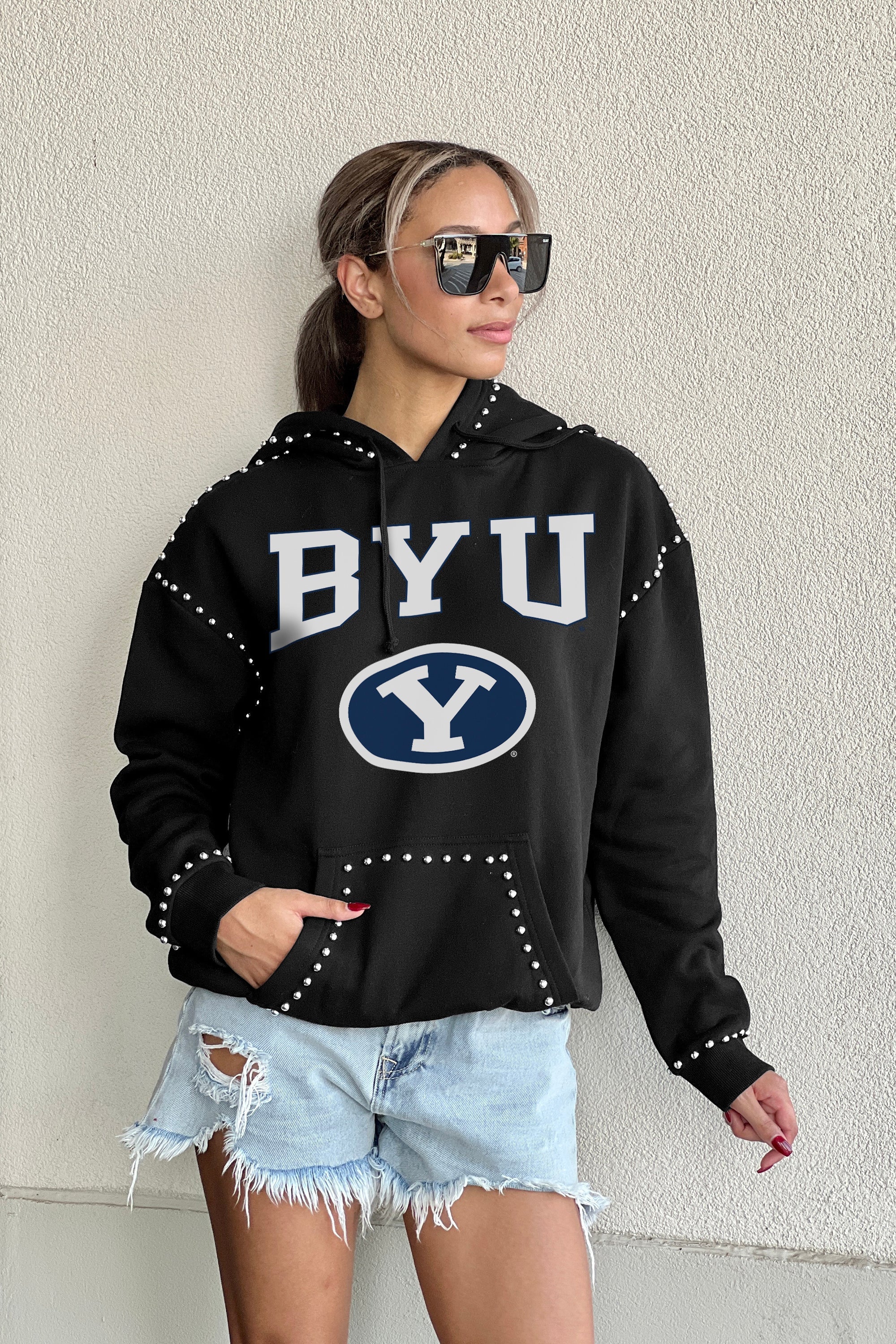 BYU COUGARS BELLE OF THE BALL STUDDED DETAIL FLEECE FRONT POCKET HOODIE