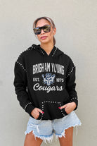 BYU COUGARS HERE FOR IT STUDDED DETAIL FLEECE FRONT POCKET HOODIE