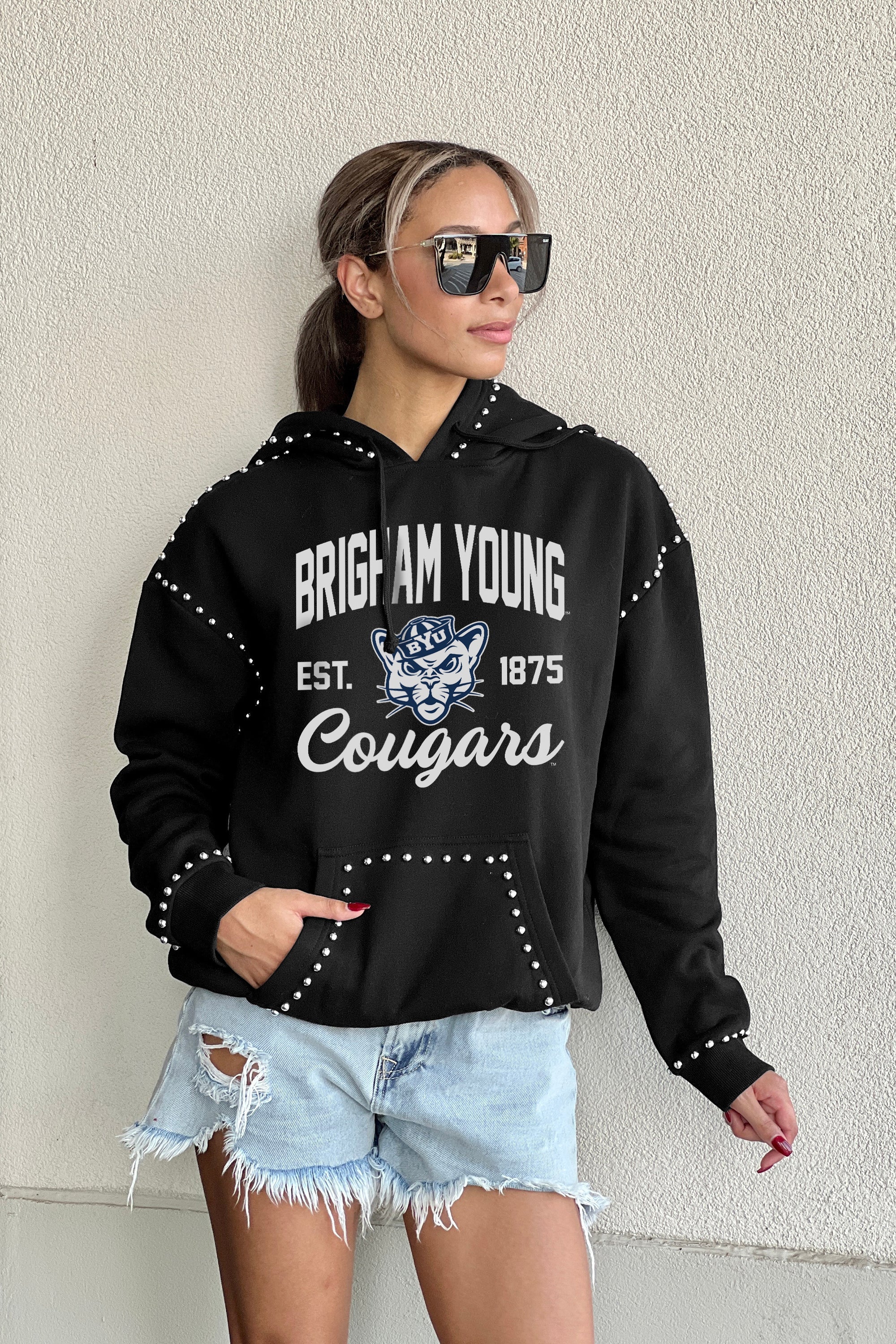 BYU COUGARS HERE FOR IT STUDDED DETAIL FLEECE FRONT POCKET HOODIE