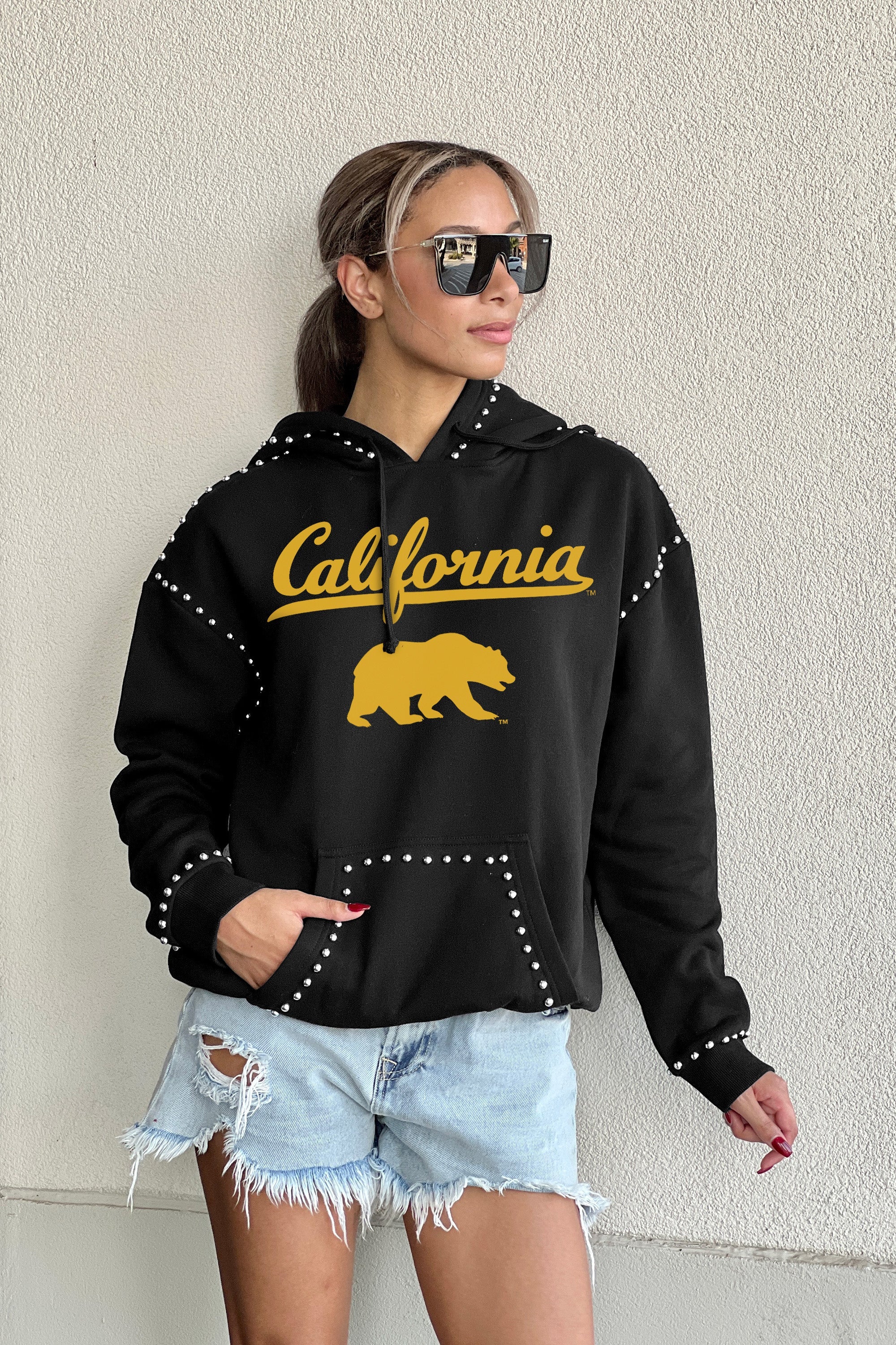 CALIFORNIA GOLDEN BEARS BELLE OF THE BALL STUDDED DETAIL FLEECE FRONT POCKET HOODIE