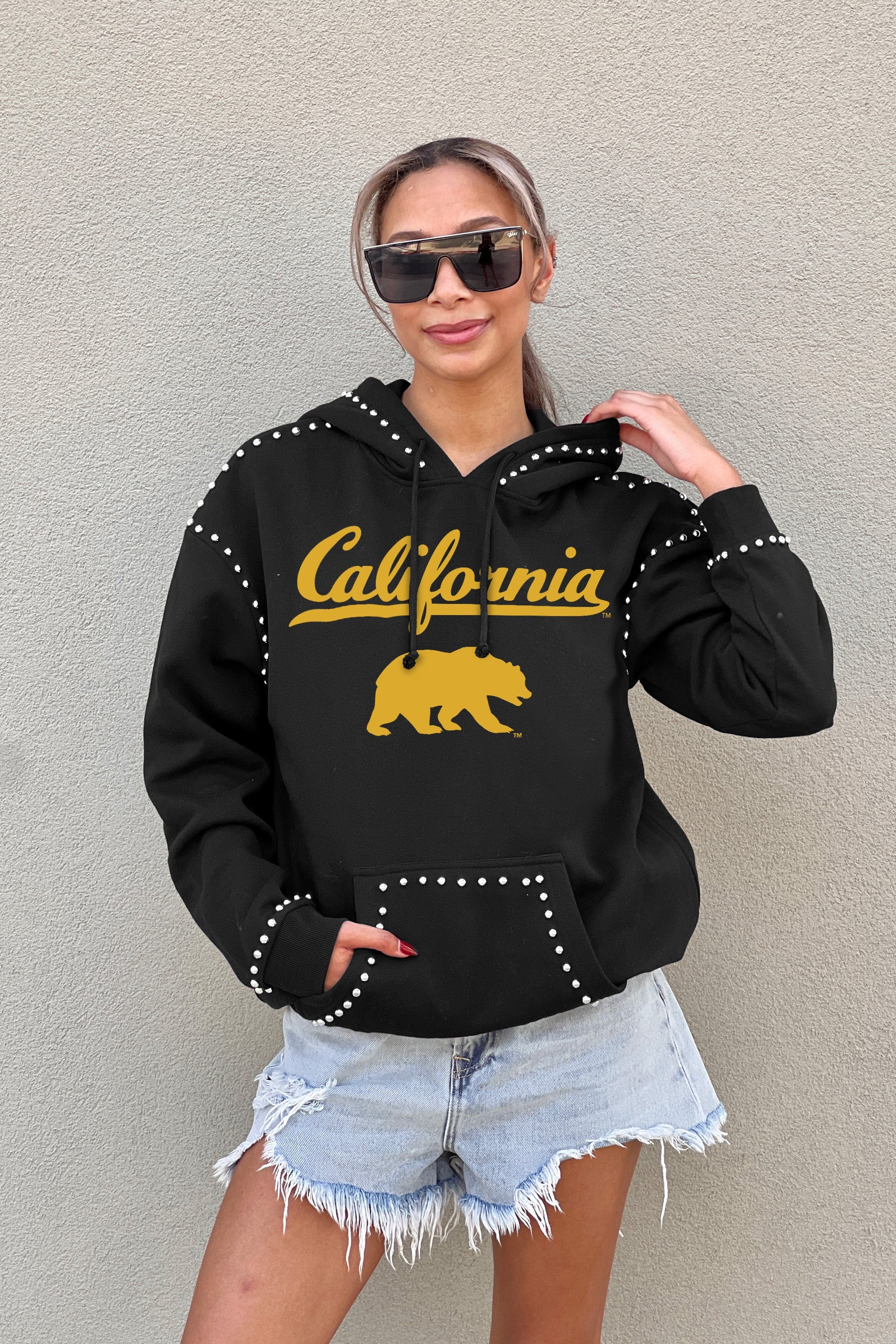 CALIFORNIA GOLDEN BEARS BELLE OF THE BALL STUDDED DETAIL FLEECE FRONT POCKET HOODIE