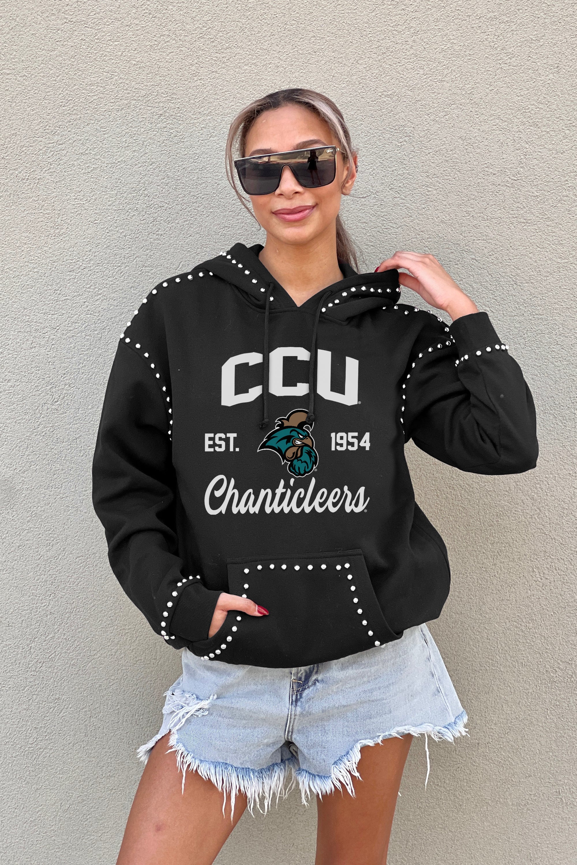 COASTAL CAROLINA CHANTICLEERS HERE FOR IT STUDDED DETAIL FLEECE FRONT POCKET HOODIE