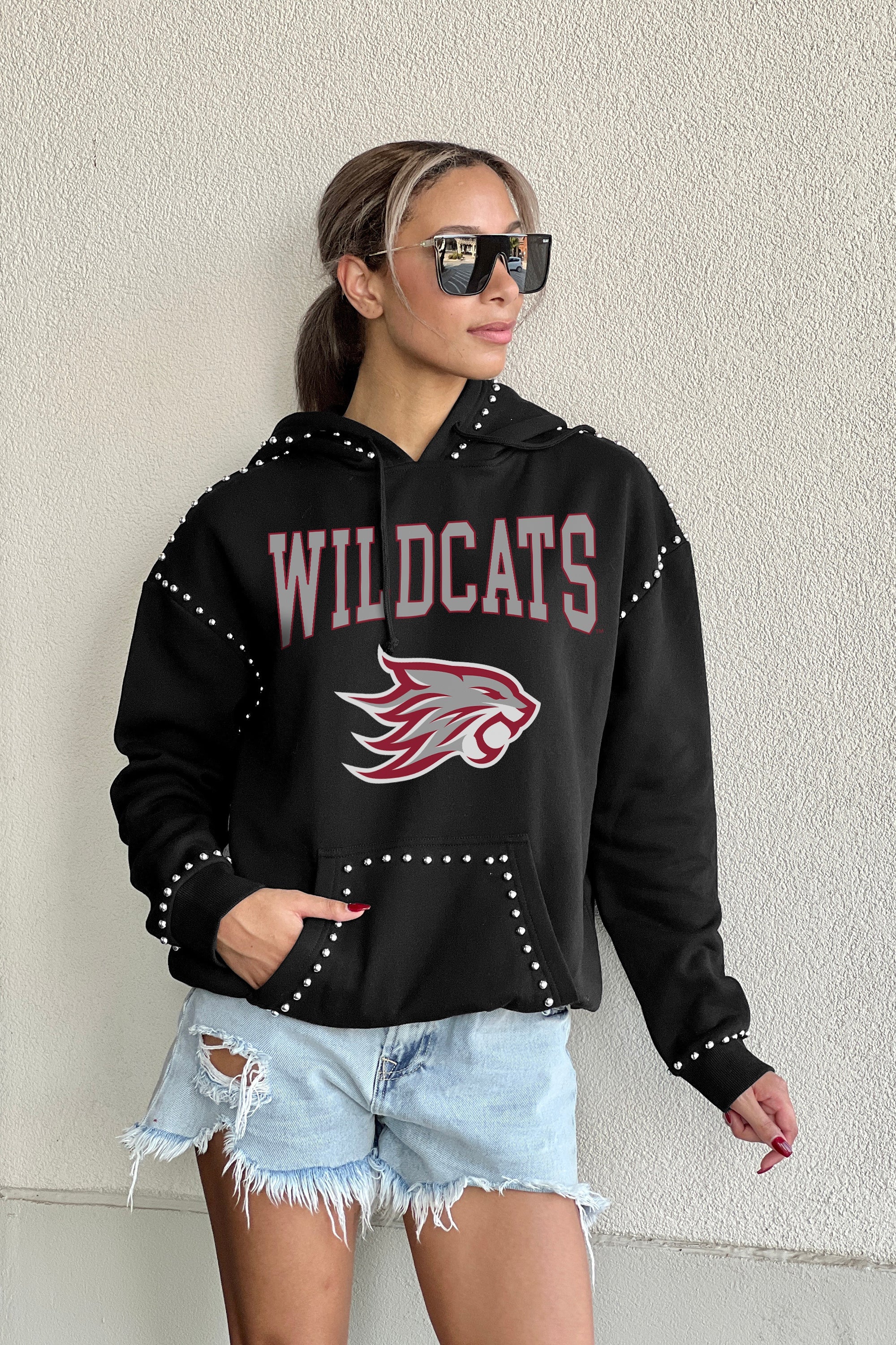 CHICO STATE WILDCATS BELLE OF THE BALL STUDDED DETAIL FLEECE FRONT POCKET HOODIE