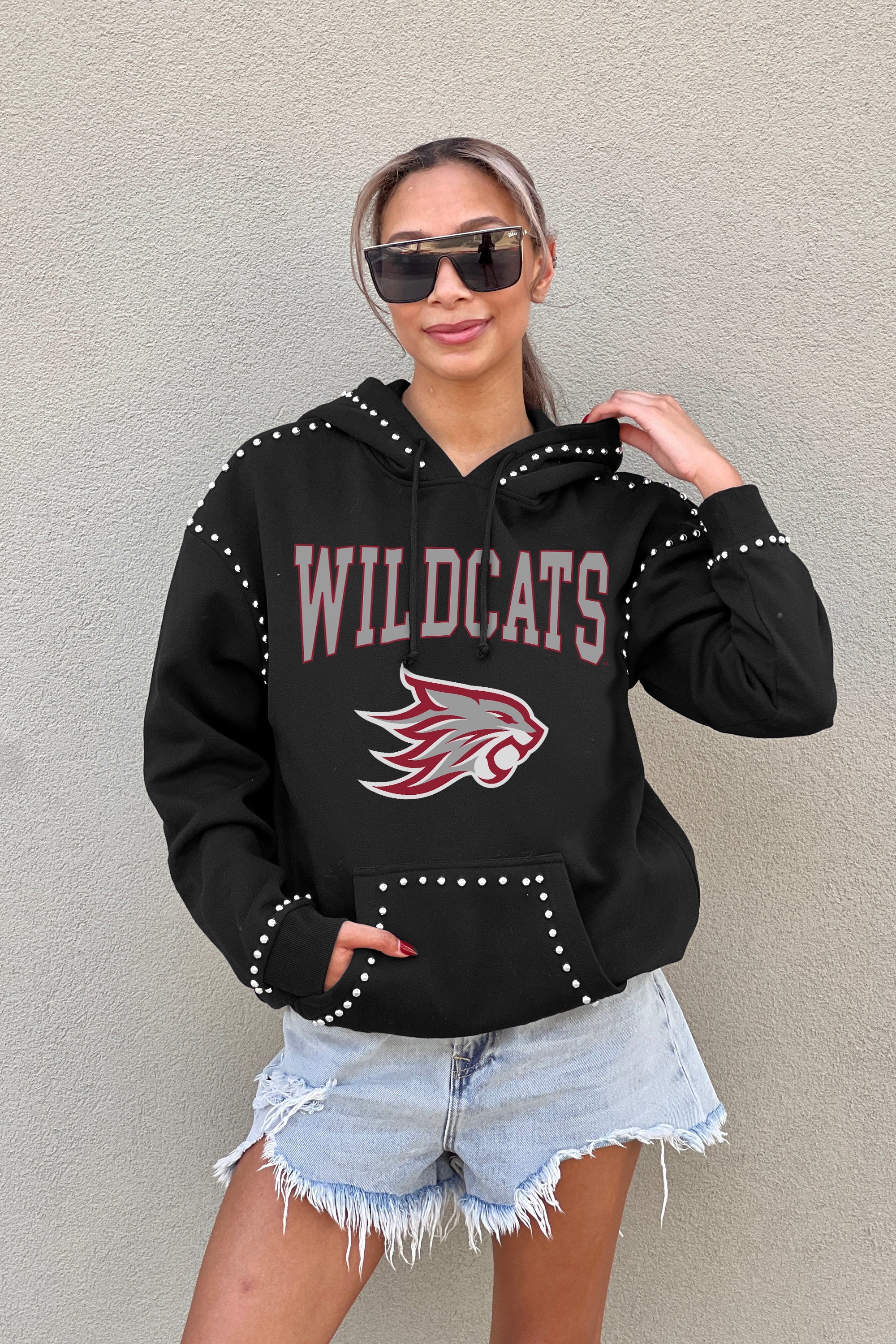 CHICO STATE WILDCATS BELLE OF THE BALL STUDDED DETAIL FLEECE FRONT POCKET HOODIE