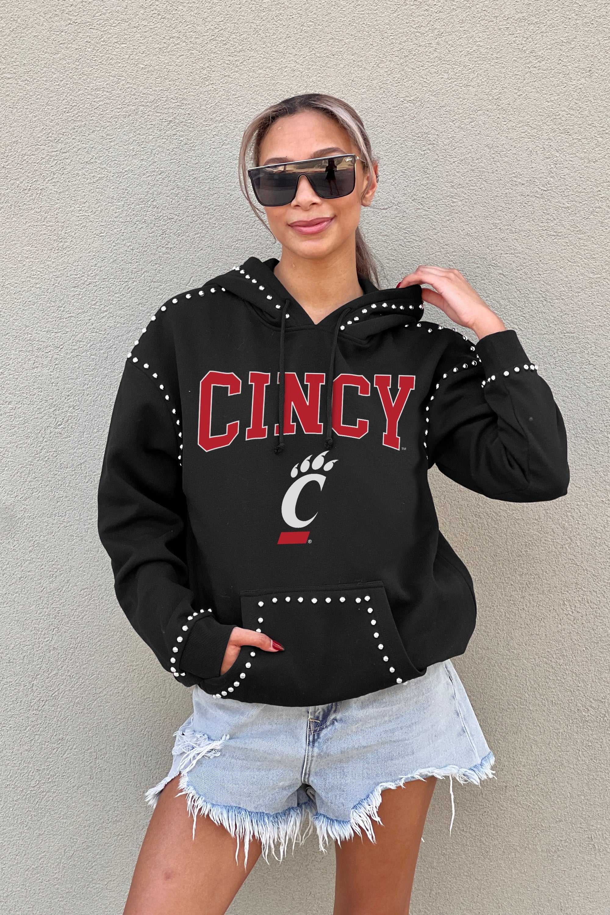 CINCINNATI BEARCATS BELLE OF THE BALL STUDDED DETAIL FLEECE FRONT POCKET HOODIE