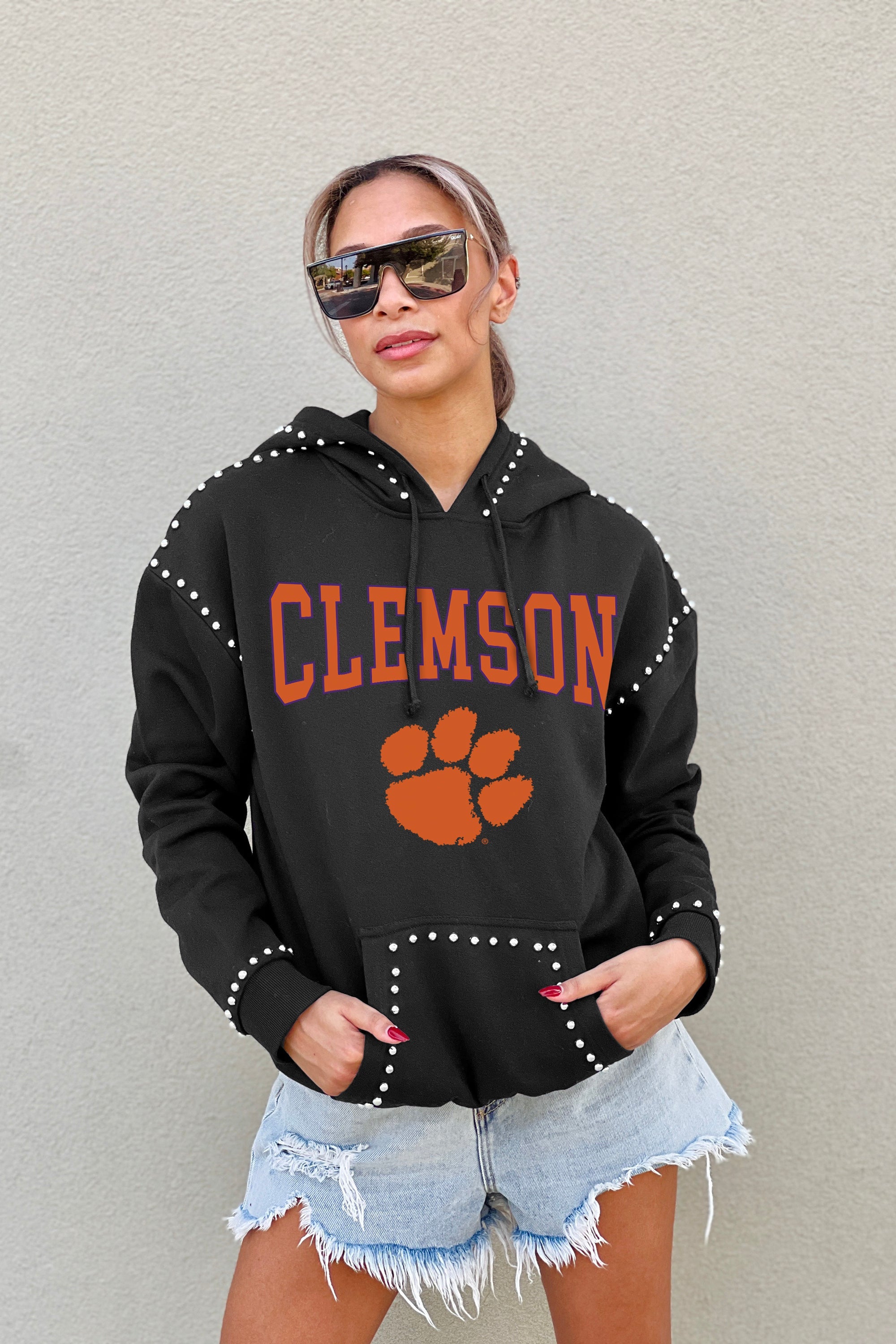 CLEMSON TIGERS BELLE OF THE BALL STUDDED DETAIL FLEECE FRONT POCKET HOODIE