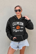 CLEMSON TIGERS HERE FOR IT STUDDED DETAIL FLEECE FRONT POCKET HOODIE