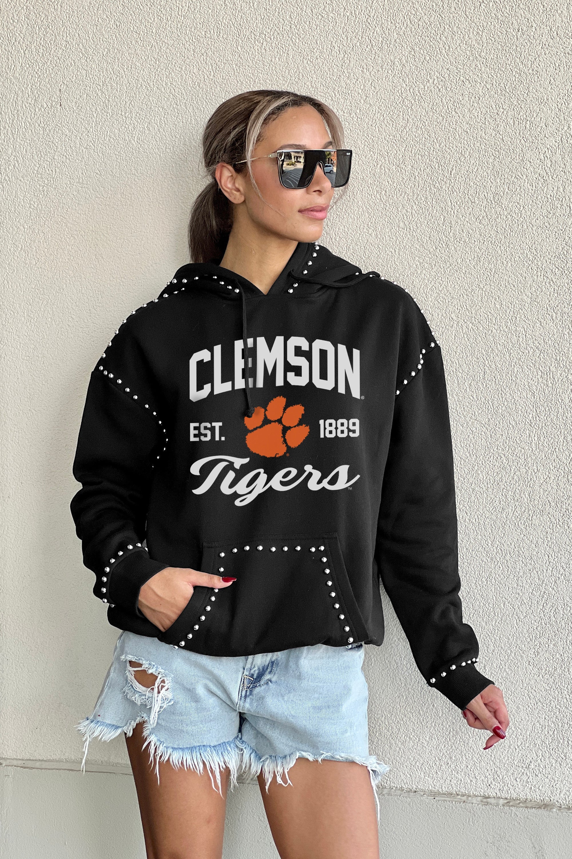 CLEMSON TIGERS HERE FOR IT STUDDED DETAIL FLEECE FRONT POCKET HOODIE