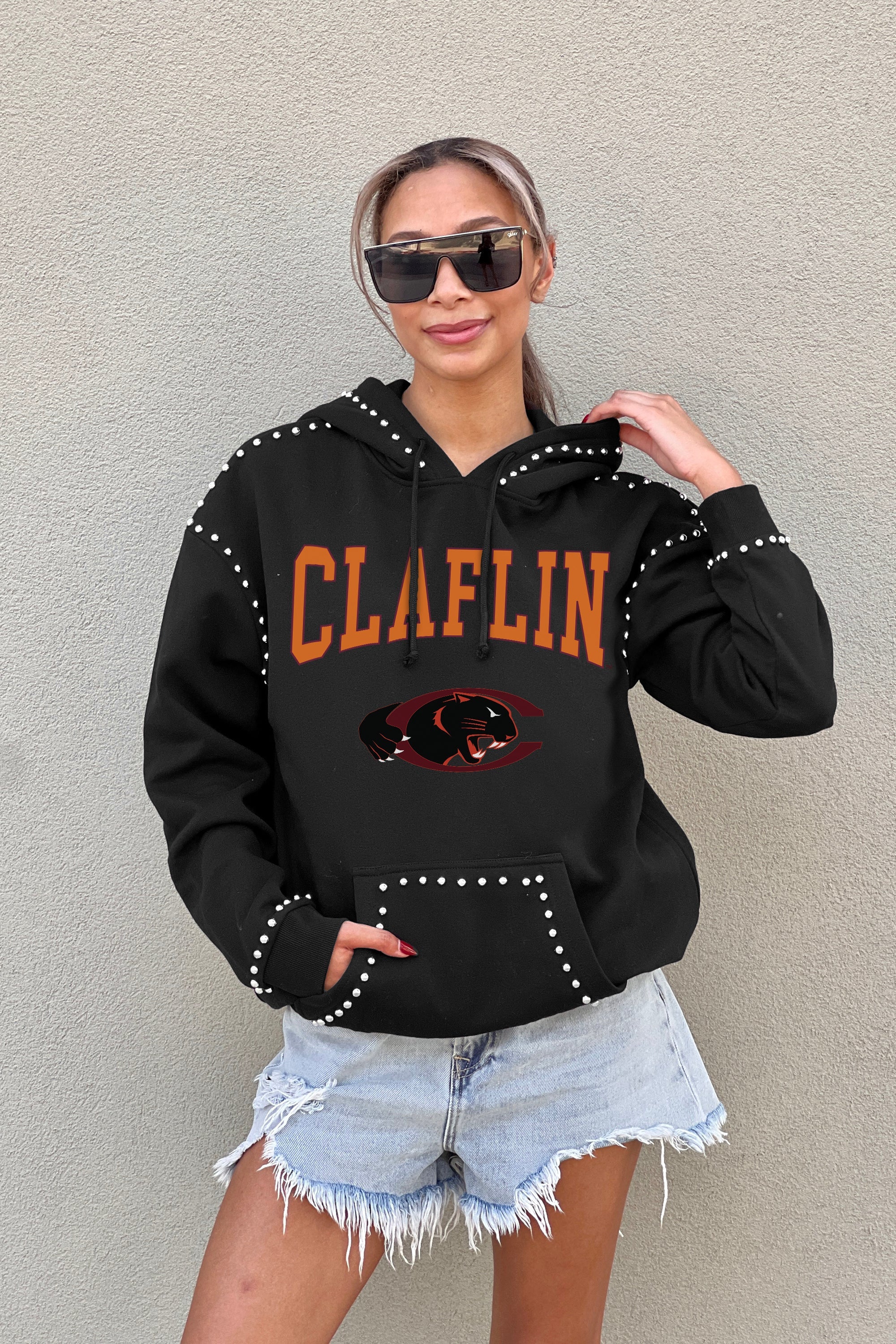 CLAFLIN PANTHERS BELLE OF THE BALL STUDDED DETAIL FLEECE FRONT POCKET HOODIE