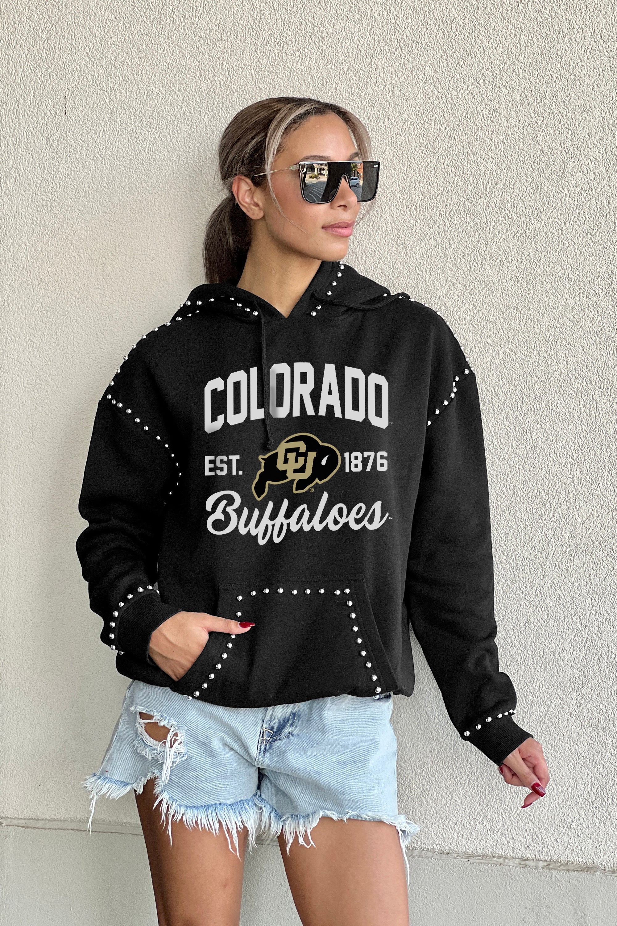 COLORADO BUFFALOES HERE FOR IT STUDDED DETAIL FLEECE FRONT POCKET HOODIE