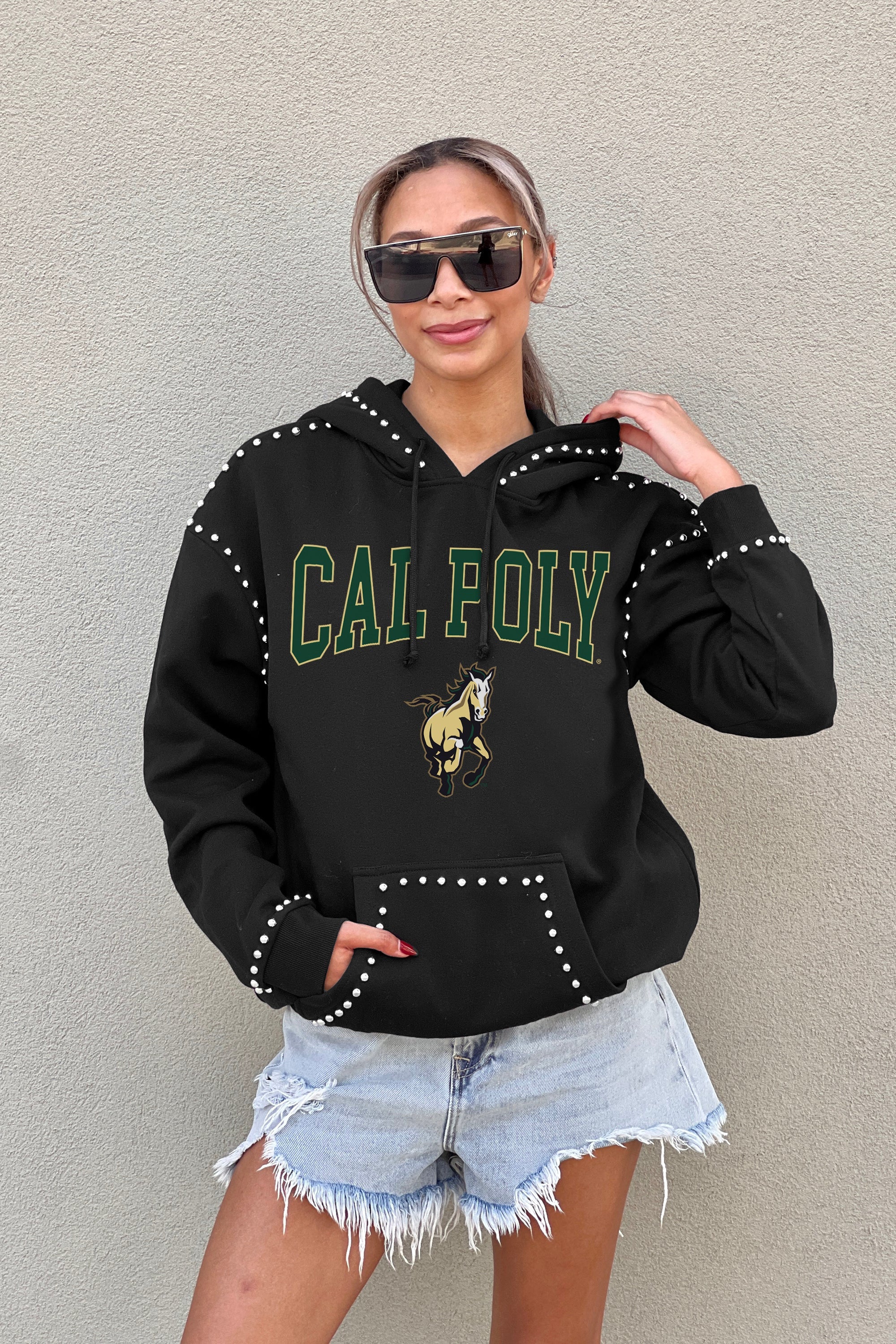 CAL POLY MUSTANGS BELLE OF THE BALL STUDDED DETAIL FLEECE FRONT POCKET HOODIE