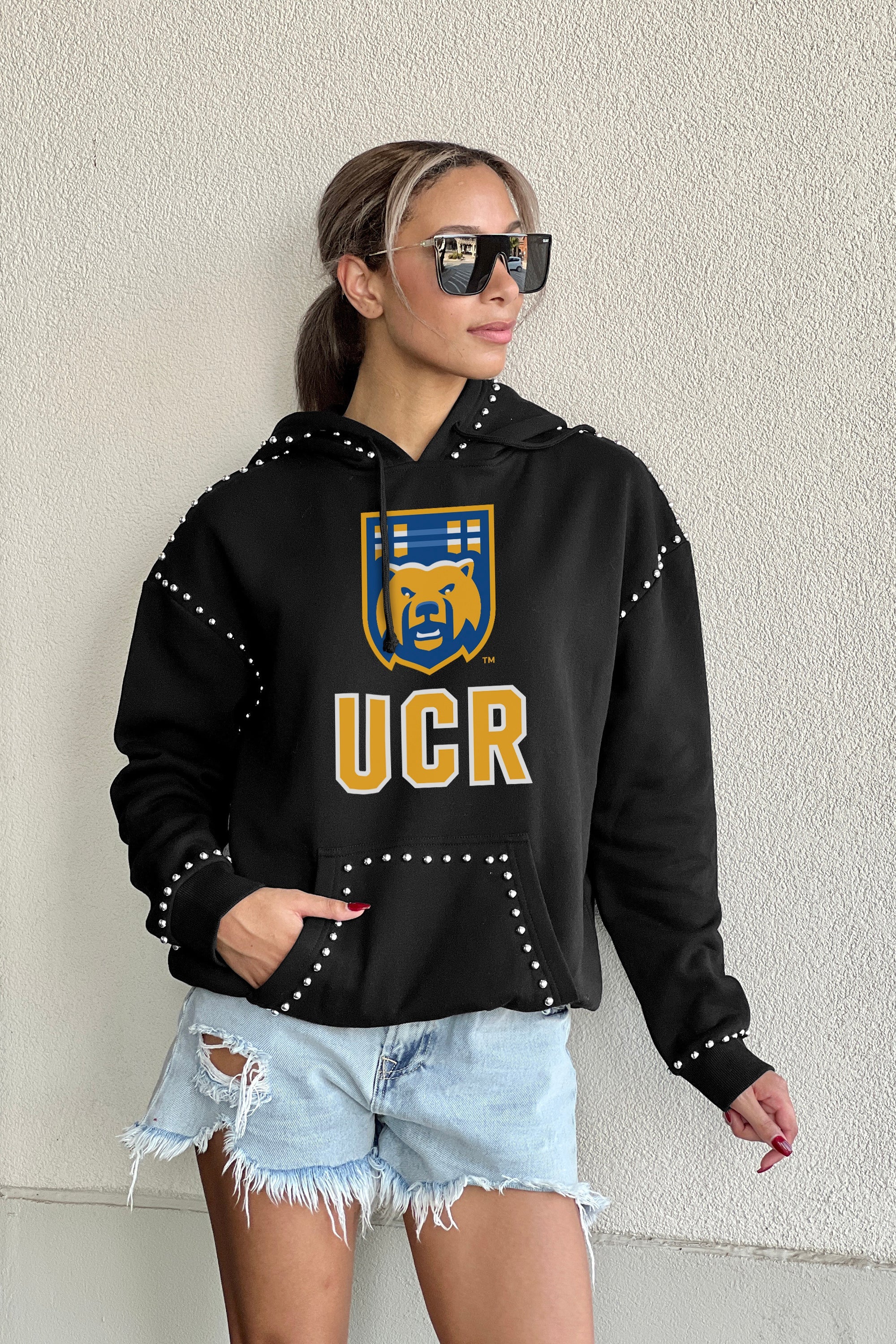 CALIFORNIA RIVERSIDE HIGHLANDERS BELLE OF THE BALL STUDDED DETAIL FLEECE FRONT POCKET HOODIE