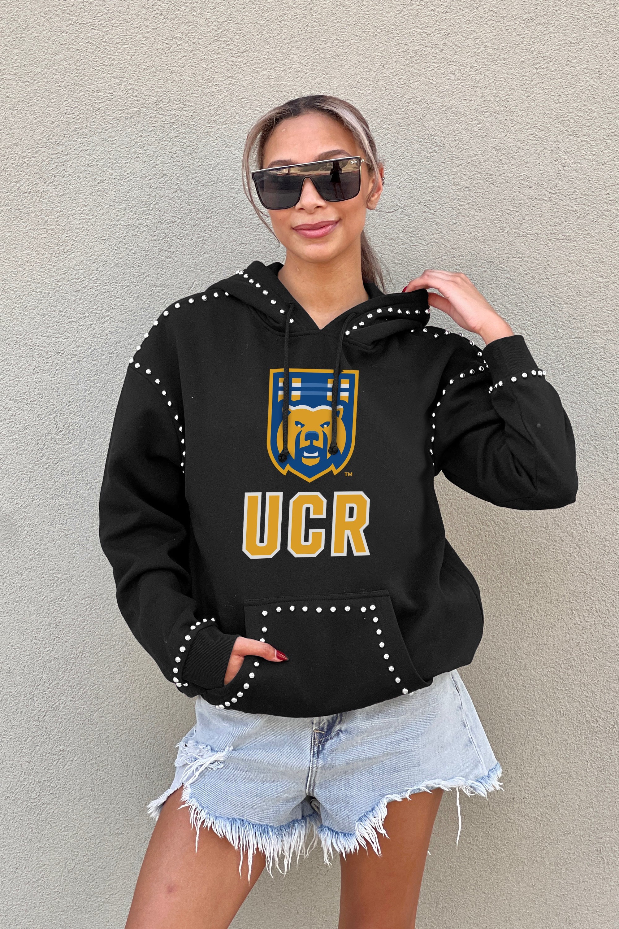 CALIFORNIA RIVERSIDE HIGHLANDERS BELLE OF THE BALL STUDDED DETAIL FLEECE FRONT POCKET HOODIE