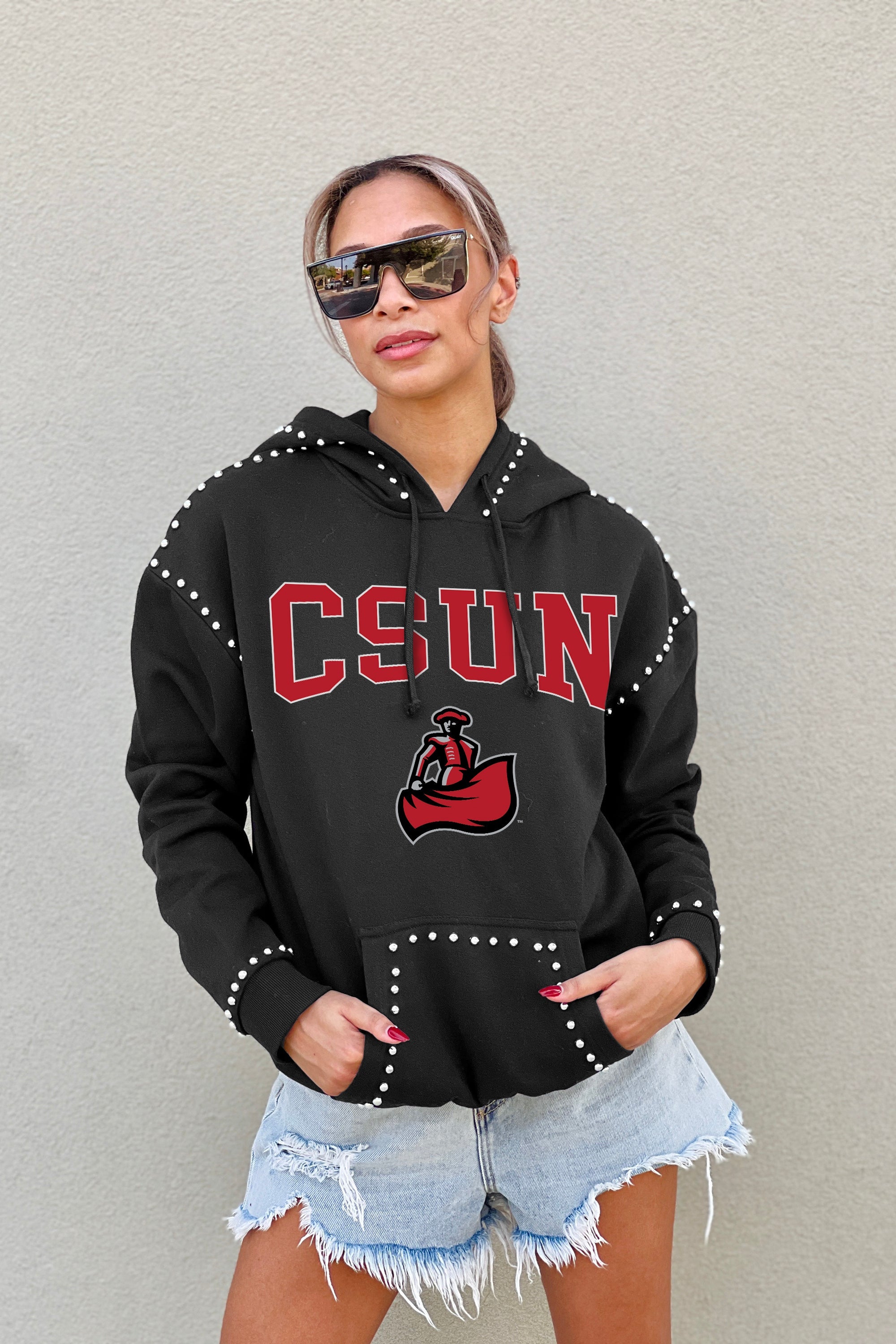 CAL STATE NORTHRIDGE MATADORS BELLE OF THE BALL STUDDED DETAIL FLEECE FRONT POCKET HOODIE