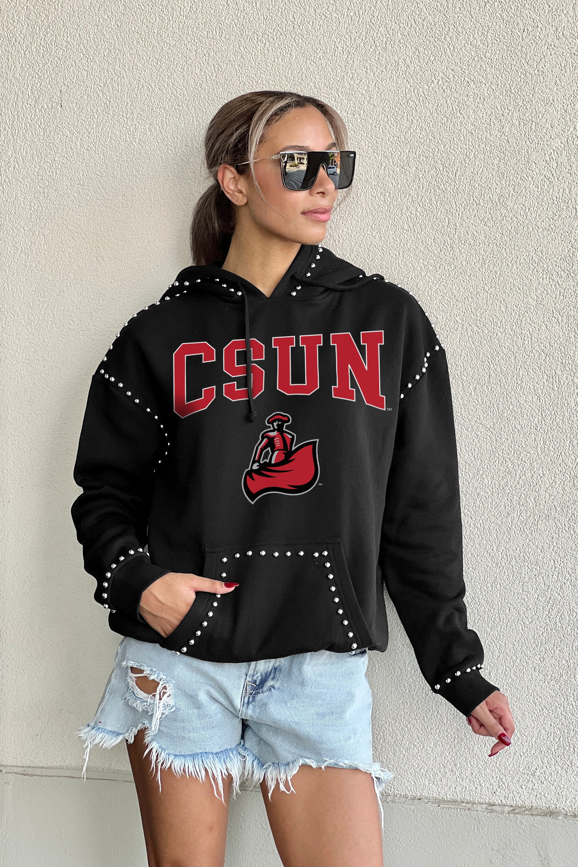 CAL STATE NORTHRIDGE MATADORS BELLE OF THE BALL STUDDED DETAIL FLEECE FRONT POCKET HOODIE