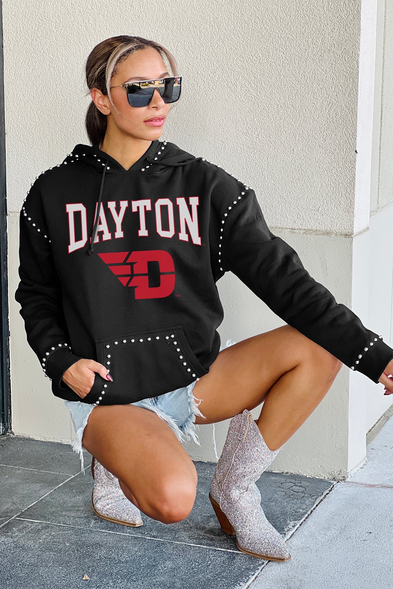 DAYTON FLYERS BELLE OF THE BALL STUDDED DETAIL FLEECE FRONT POCKET HOODIE