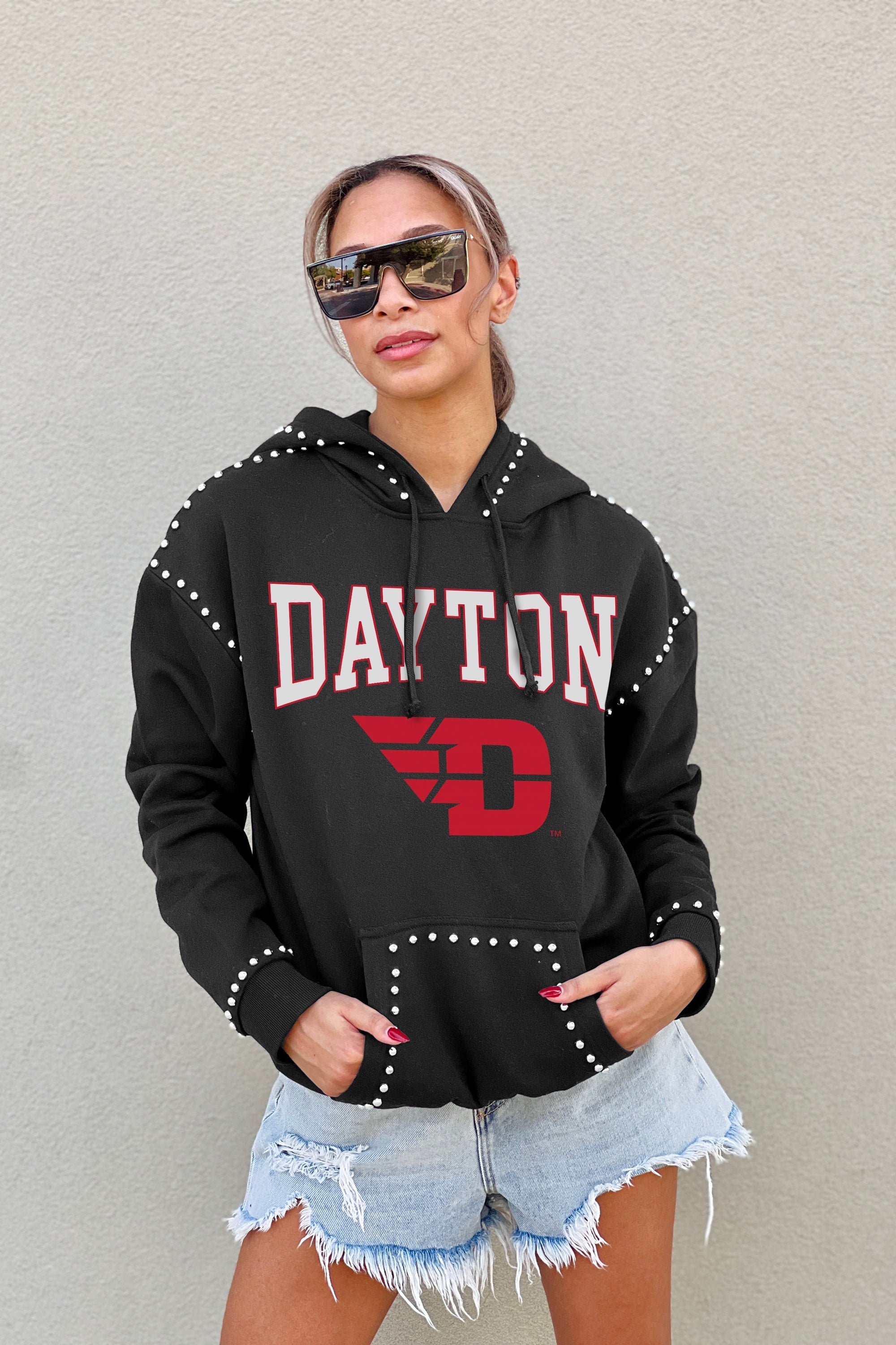 DAYTON FLYERS BELLE OF THE BALL STUDDED DETAIL FLEECE FRONT POCKET HOODIE