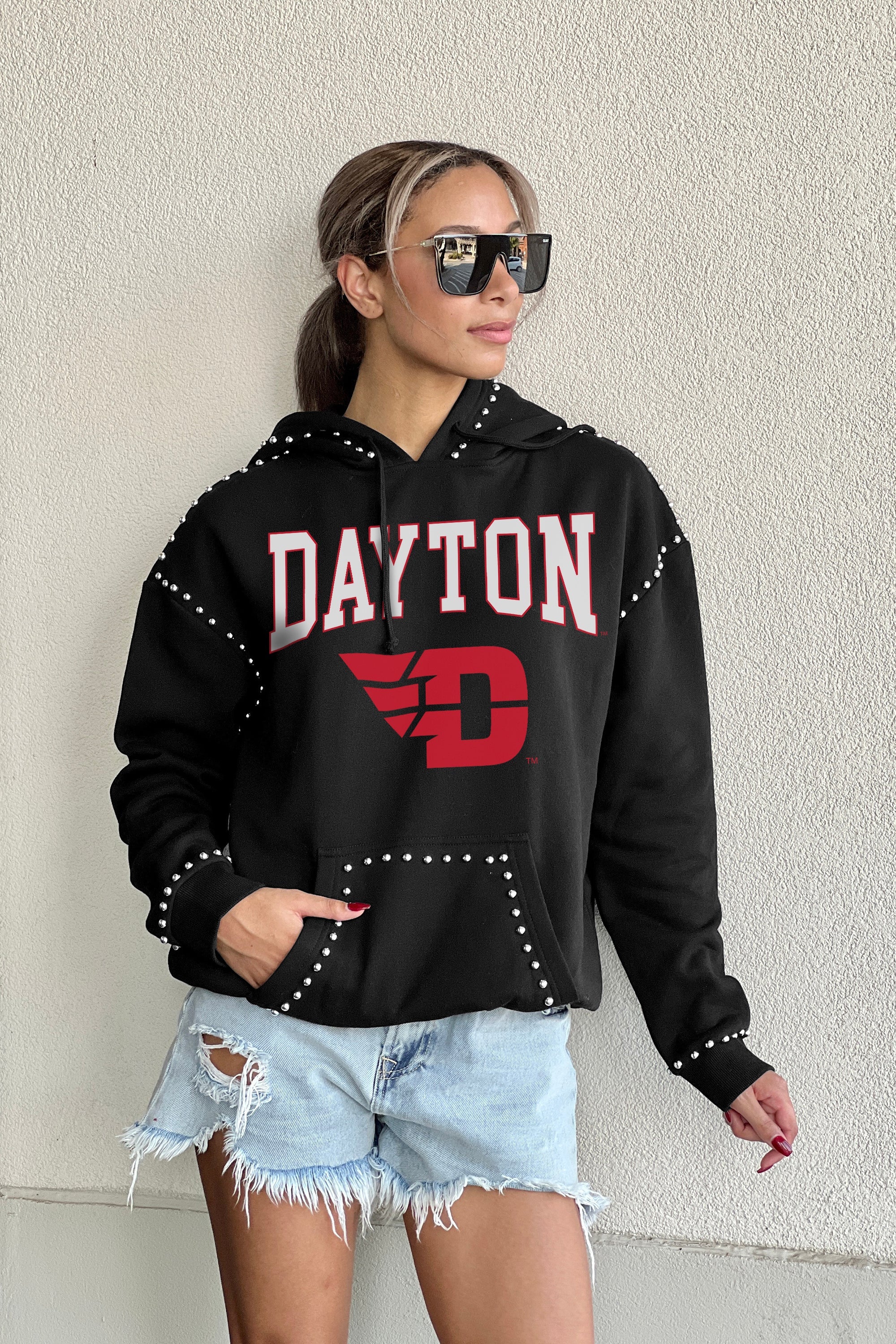 DAYTON FLYERS BELLE OF THE BALL STUDDED DETAIL FLEECE FRONT POCKET HOODIE