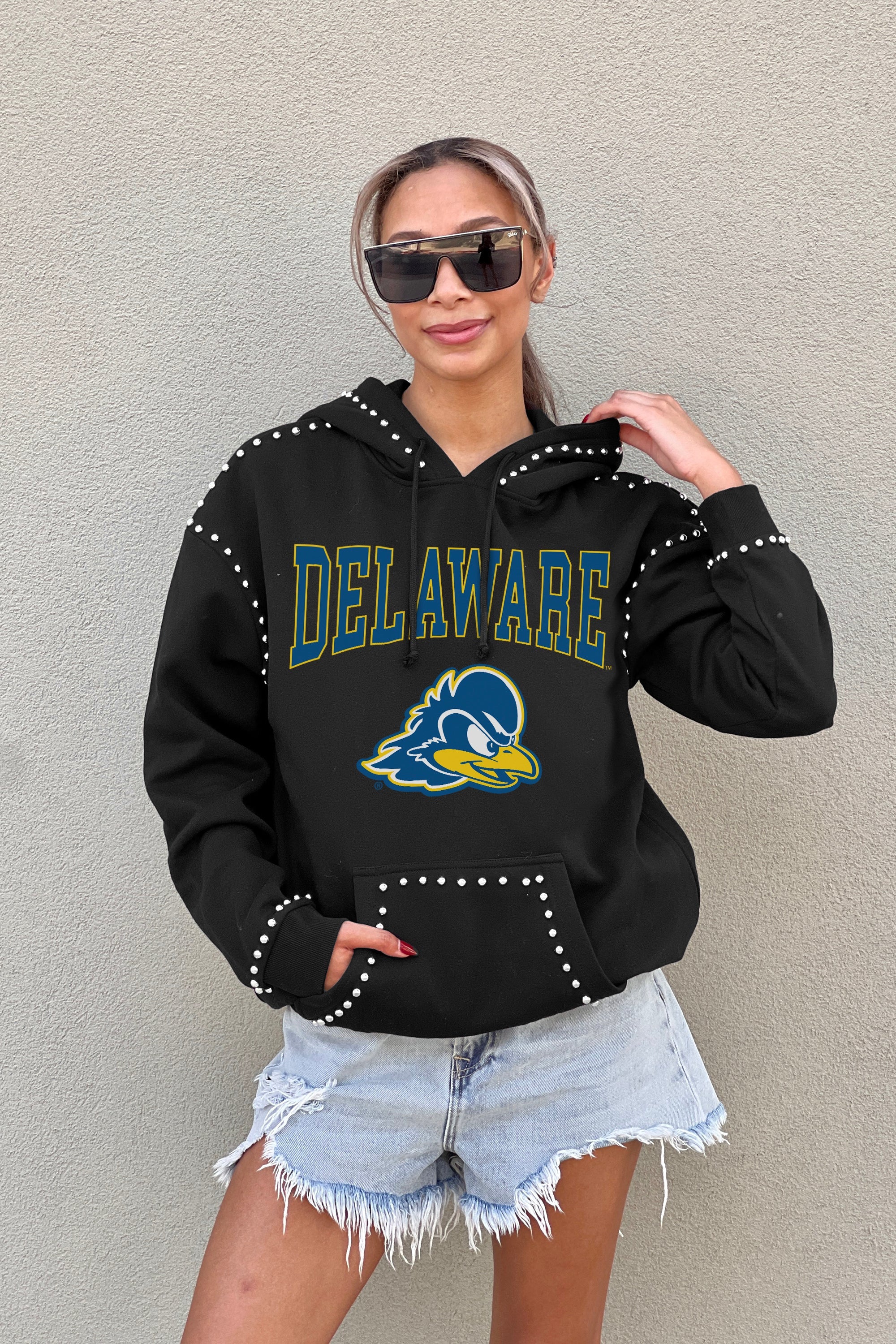 DELAWARE BLUE HENS BELLE OF THE BALL STUDDED DETAIL FLEECE FRONT POCKET HOODIE