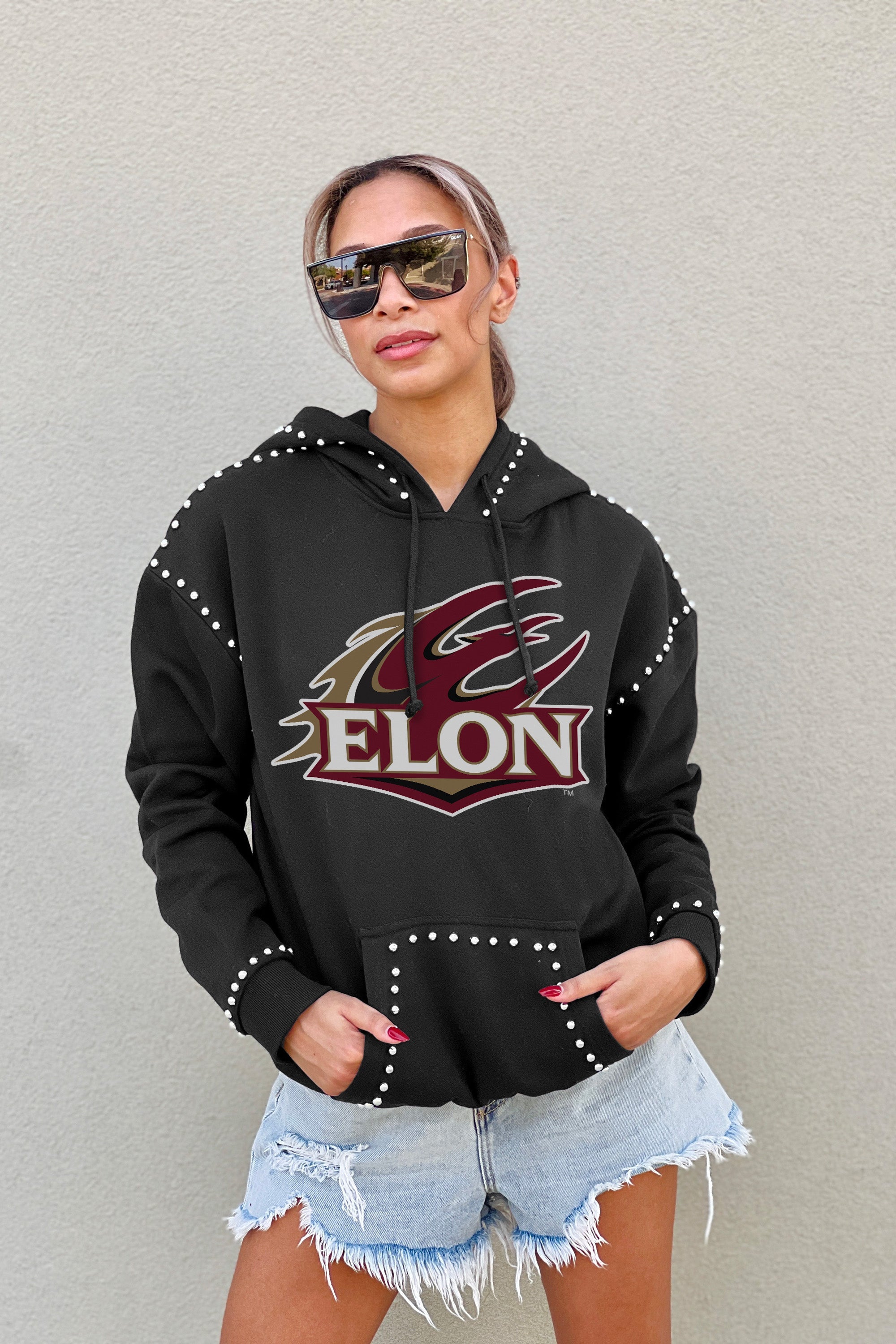 ELON PHOENIX BELLE OF THE BALL STUDDED DETAIL FLEECE FRONT POCKET HOODIE