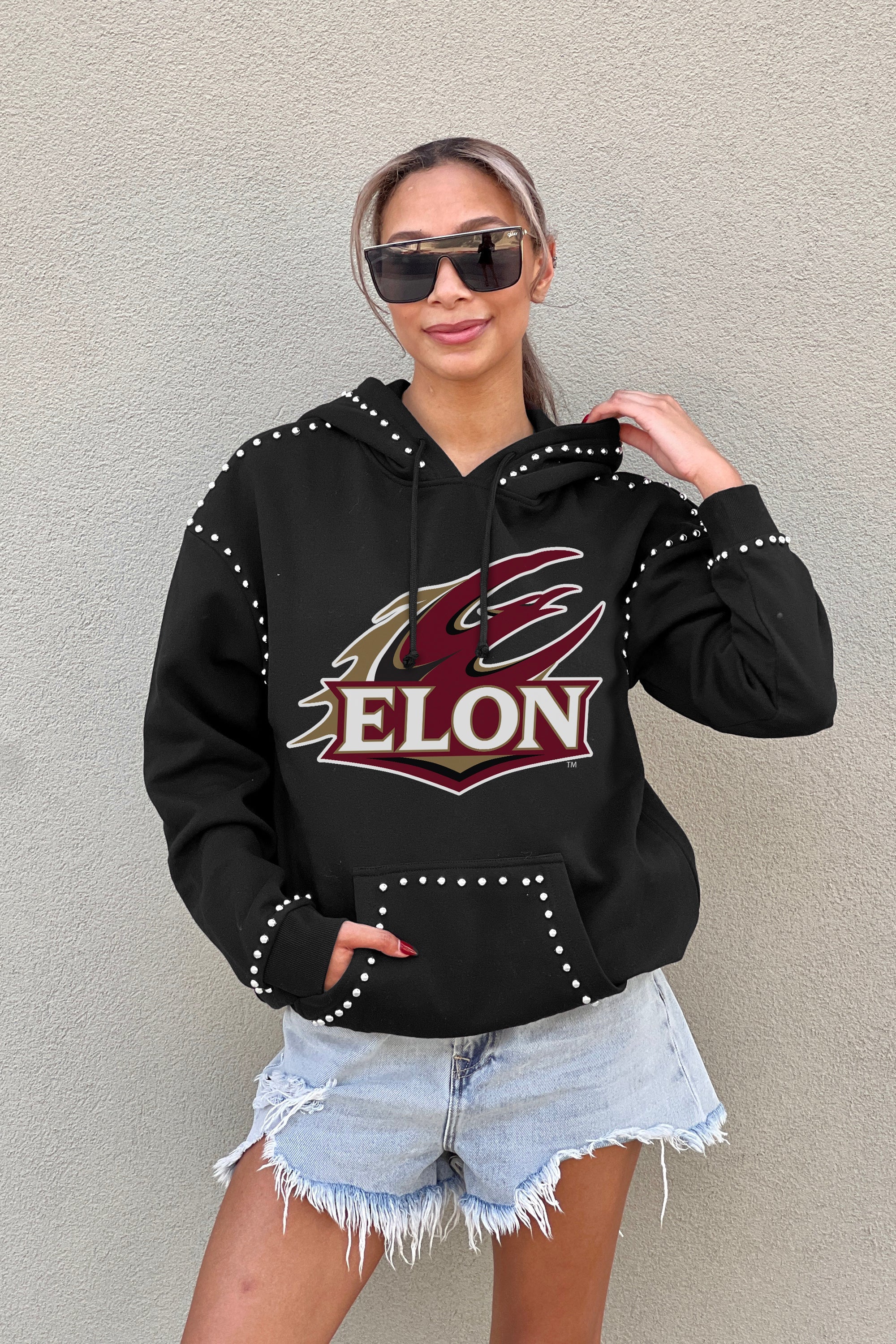 ELON PHOENIX BELLE OF THE BALL STUDDED DETAIL FLEECE FRONT POCKET HOODIE