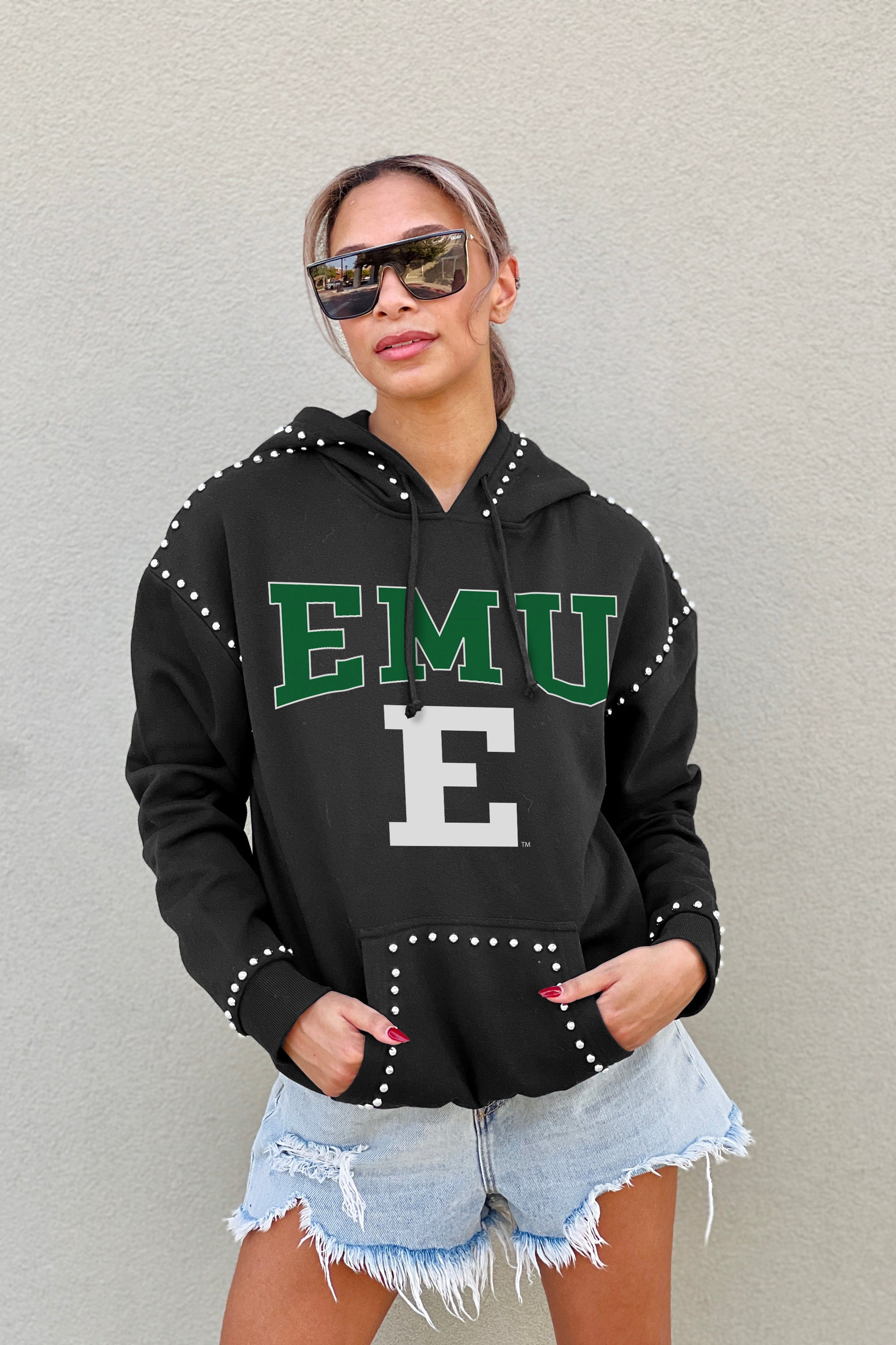 EASTERN MICHIGAN EAGLES BELLE OF THE BALL STUDDED DETAIL FLEECE FRONT POCKET HOODIE