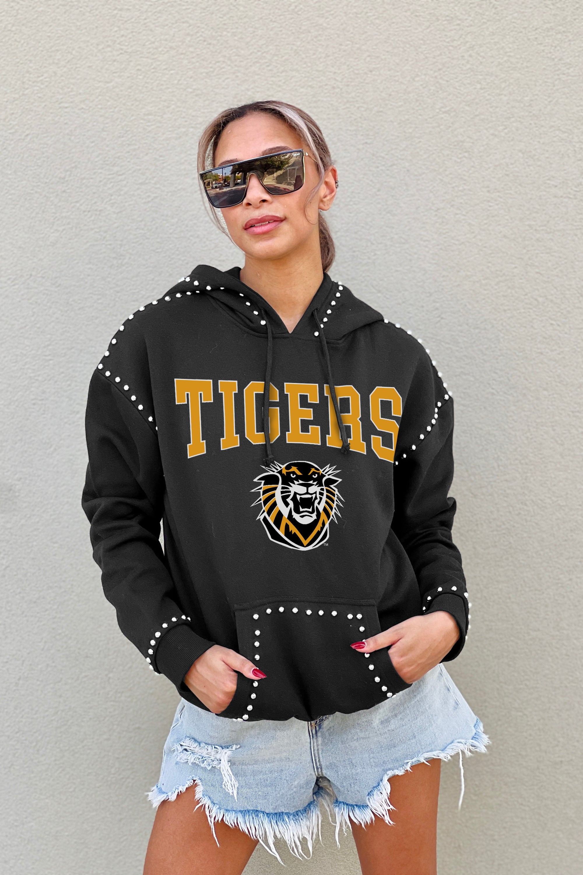 FORT HAYS STATE TIGERS BELLE OF THE BALL STUDDED DETAIL FLEECE FRONT POCKET HOODIE