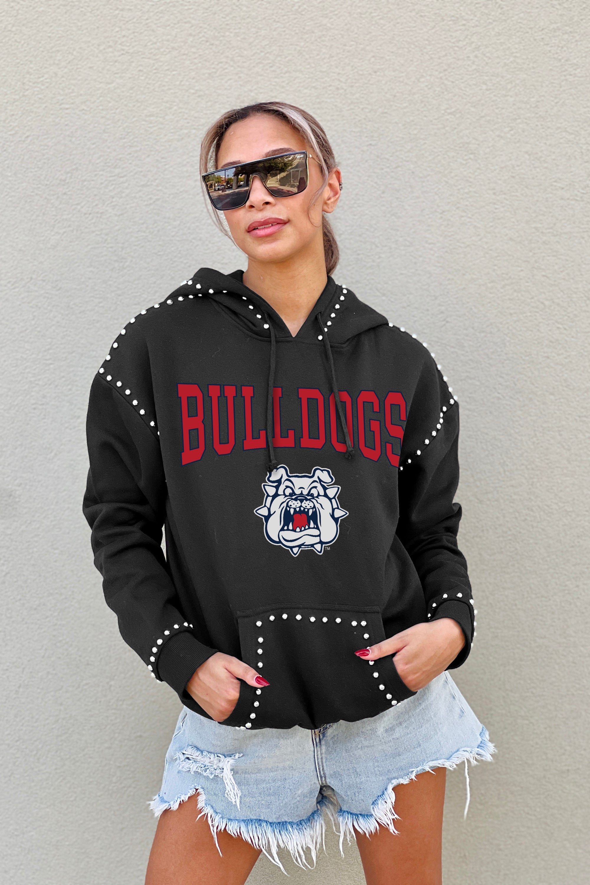 FRESNO STATE BULLDOGS BELLE OF THE BALL STUDDED DETAIL FLEECE FRONT POCKET HOODIE