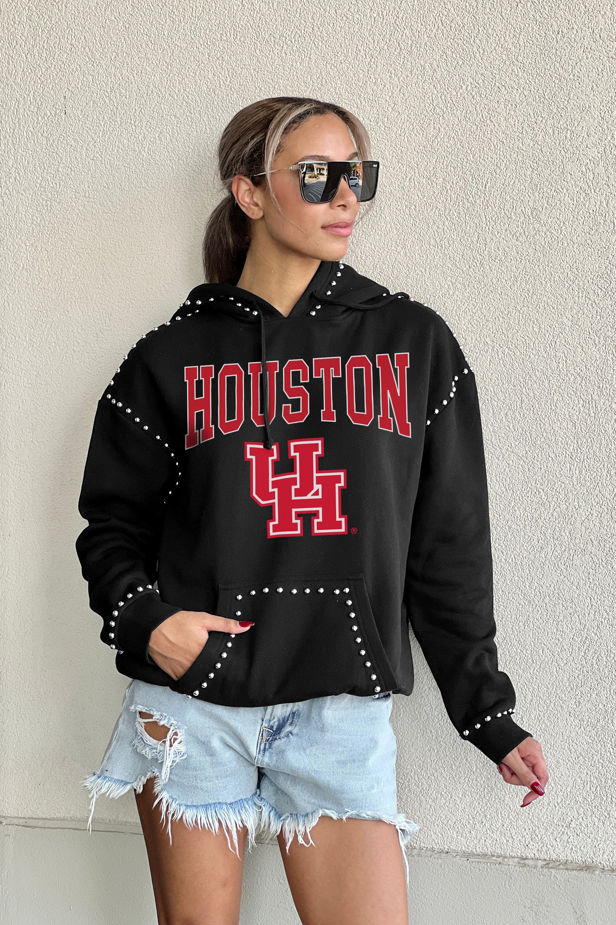 HOUSTON COUGARS BELLE OF THE BALL STUDDED DETAIL FLEECE FRONT POCKET HOODIE