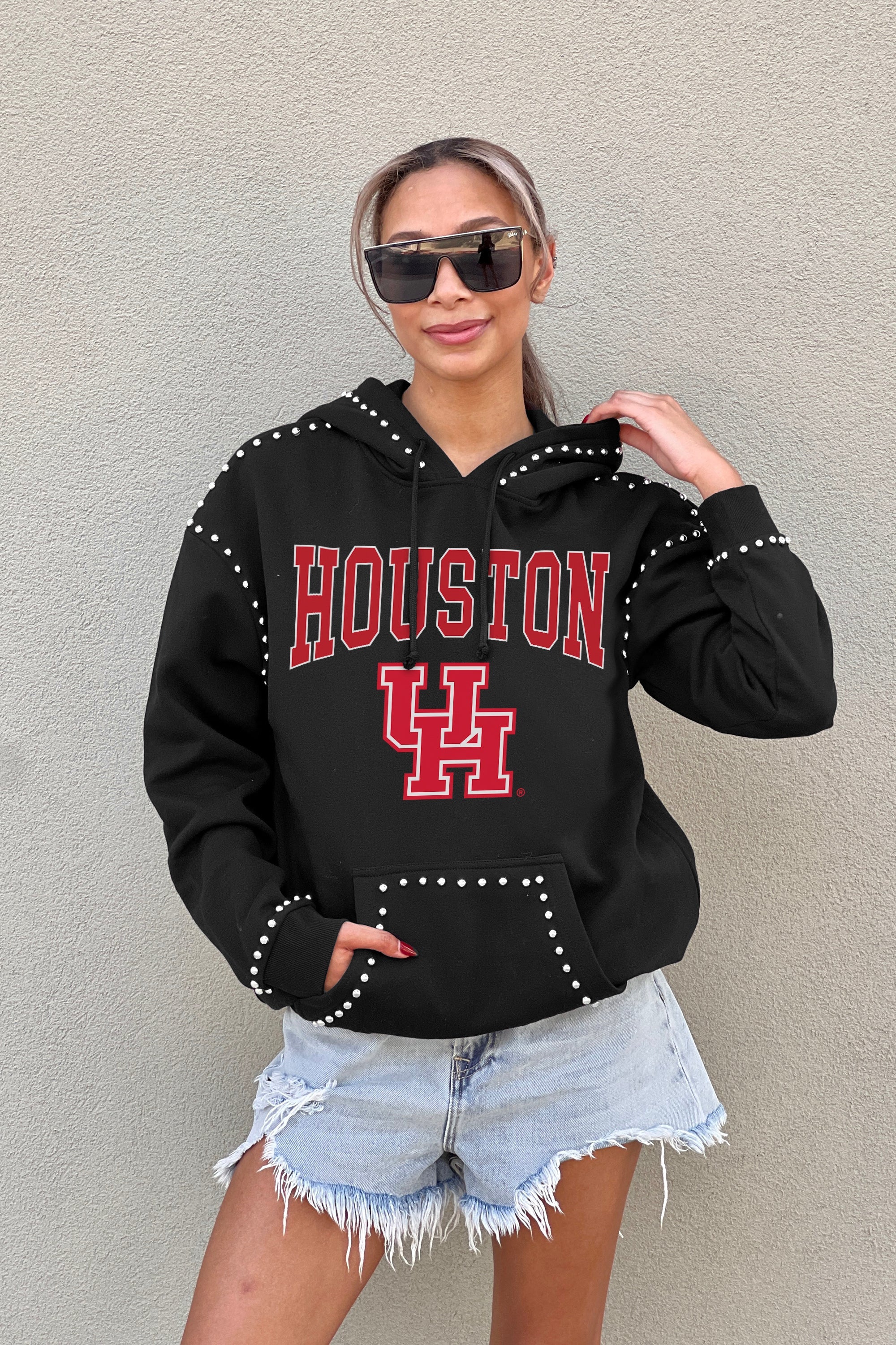 HOUSTON COUGARS BELLE OF THE BALL STUDDED DETAIL FLEECE FRONT POCKET HOODIE