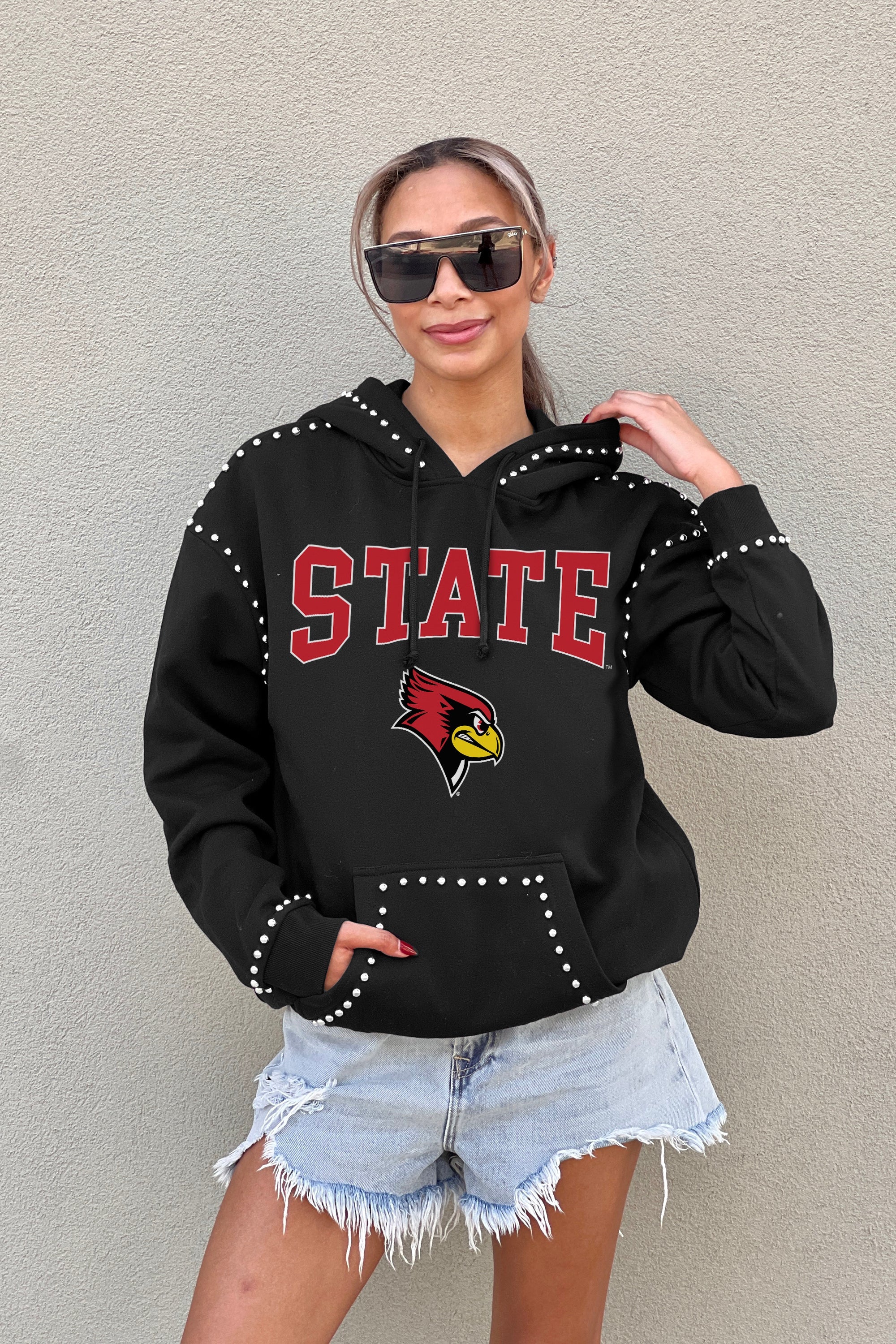 ILLINOIS STATE REDBIRDS BELLE OF THE BALL STUDDED DETAIL FLEECE FRONT POCKET HOODIE