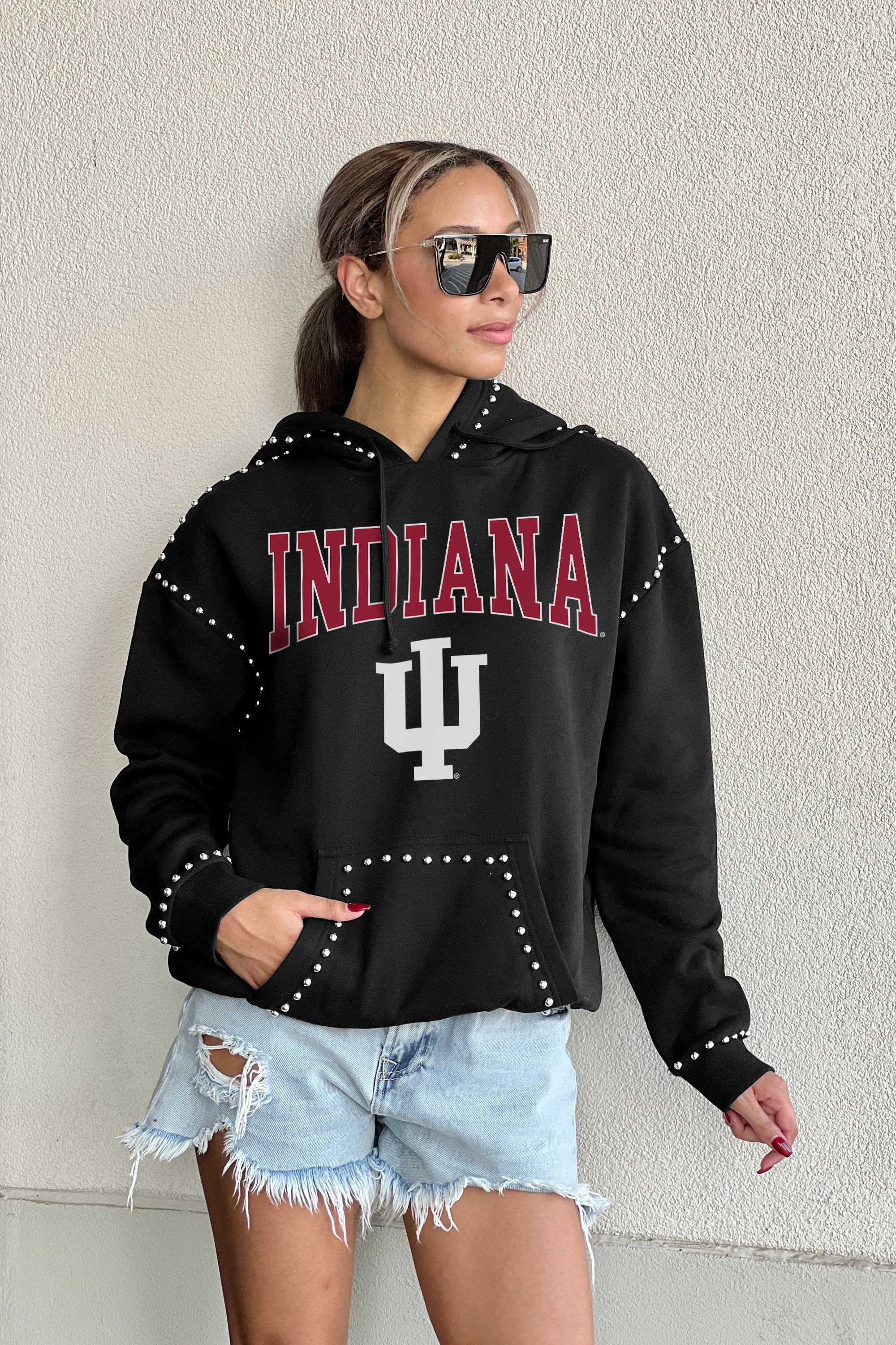 INDIANA HOOSIERS BELLE OF THE BALL STUDDED DETAIL FLEECE FRONT POCKET HOODIE