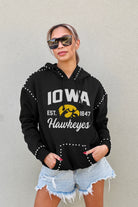 IOWA HAWKEYES HERE FOR IT STUDDED DETAIL FLEECE FRONT POCKET HOODIE