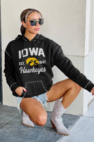 IOWA HAWKEYES HERE FOR IT STUDDED DETAIL FLEECE FRONT POCKET HOODIE