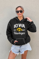 IOWA HAWKEYES HERE FOR IT STUDDED DETAIL FLEECE FRONT POCKET HOODIE