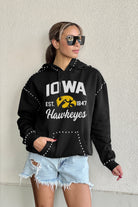 IOWA HAWKEYES HERE FOR IT STUDDED DETAIL FLEECE FRONT POCKET HOODIE